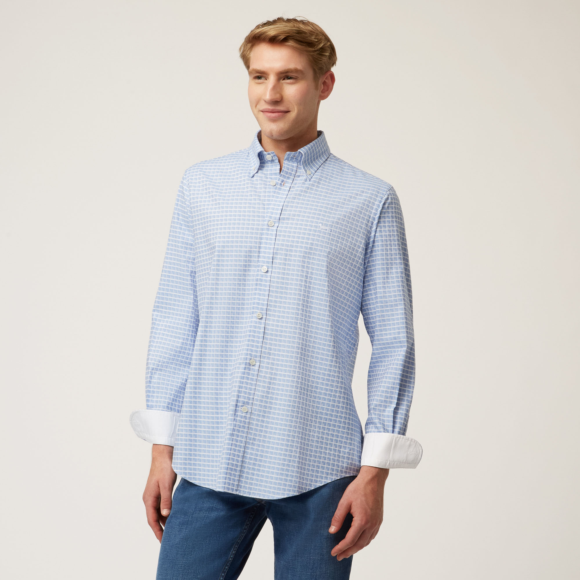 Cotton And Lyocell Check Shirt, Light Blue, large