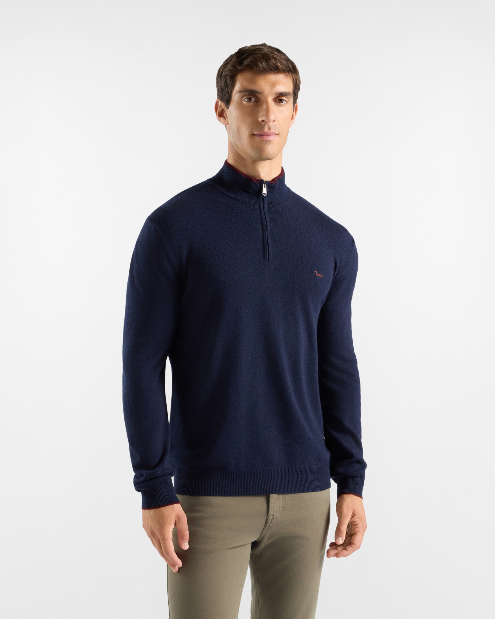 Men's regular fit sweater with half-zip stand-up collar in a blue wool blend