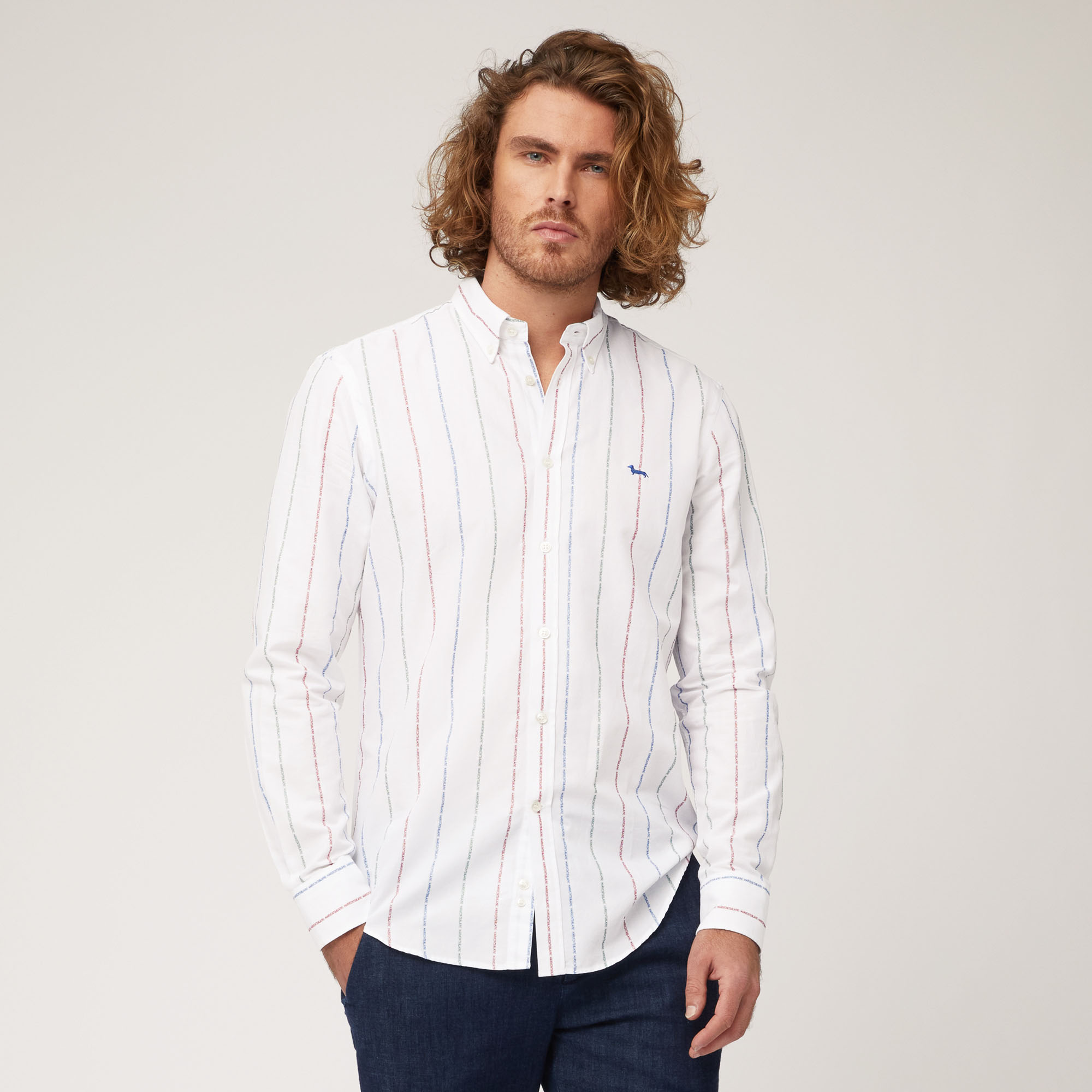 Camicia In Cotone A Righe Logate, Grigio, large image number 0