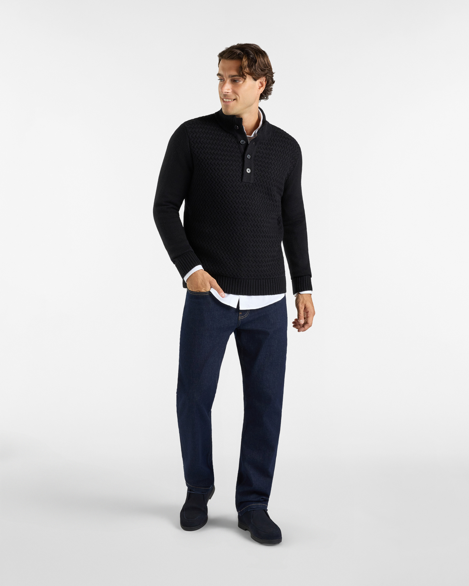 Maglia HBJ Uomo con Collo Alto e Finta Bottonata in Misto Mohair, NERO, large