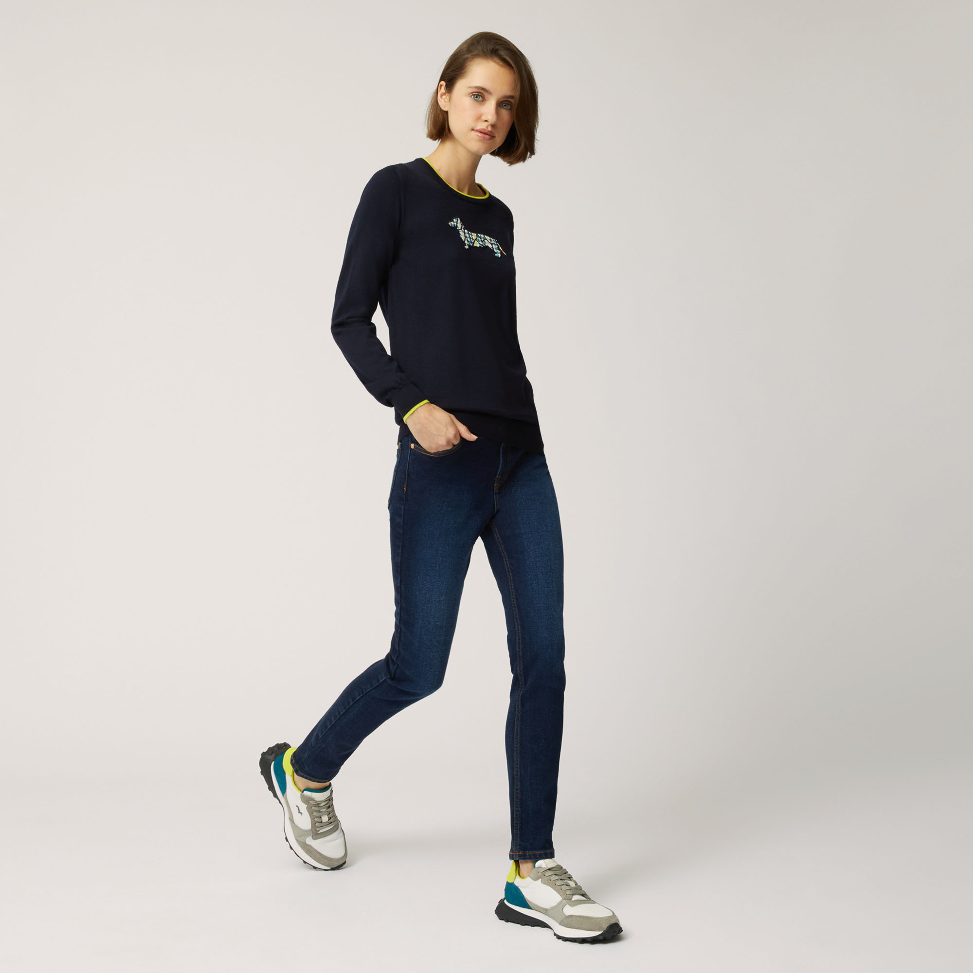 Pullover In Lana Con Maxi Bassotto, Blu Navy, large image number 3