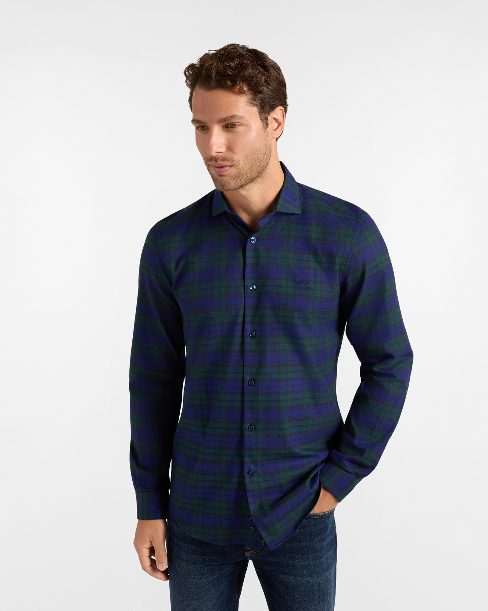 Men's narrow-fit Made in Italy bottle green/blue checkered flannel shirt