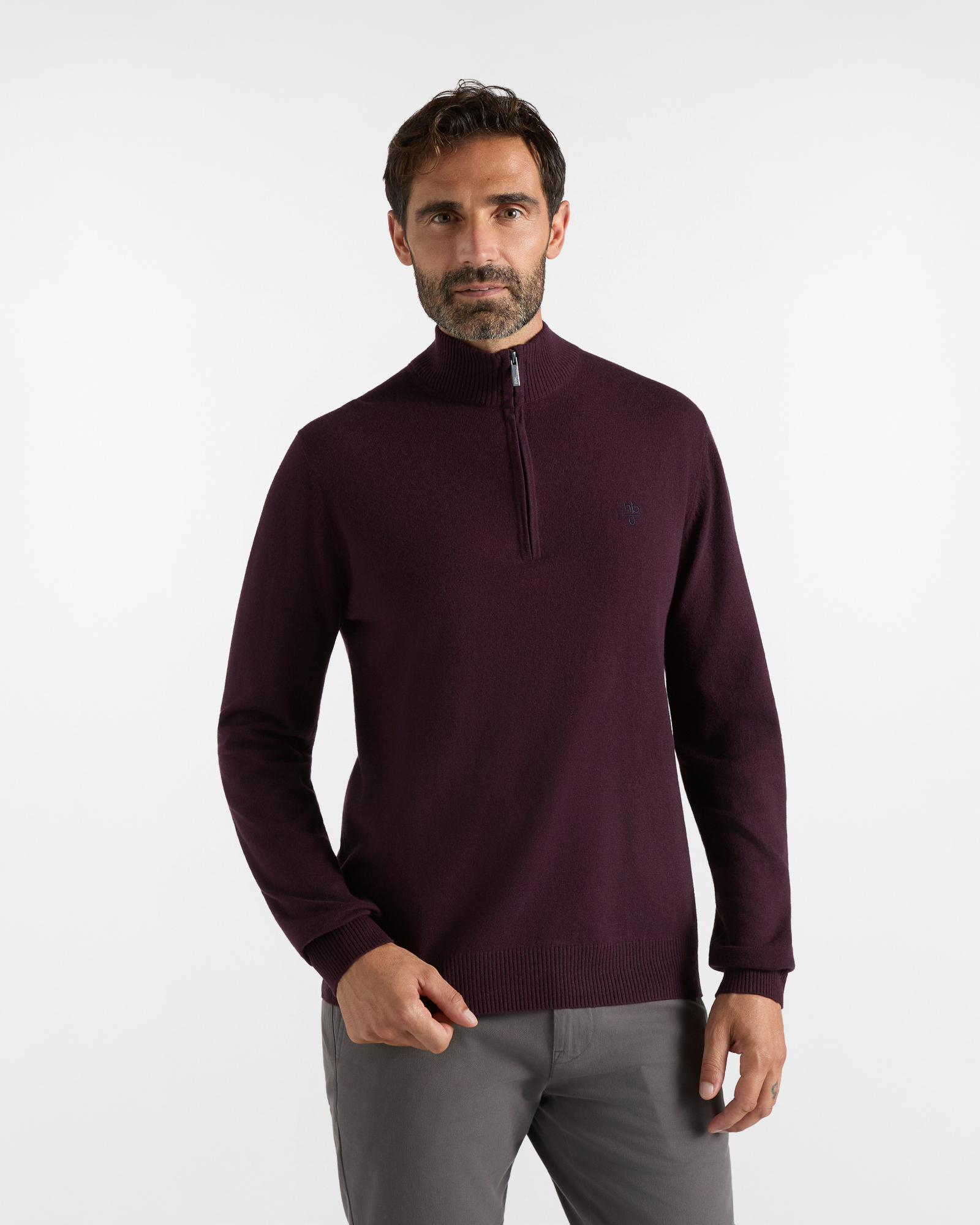 Maglia HBJ Uomo in Punto Cardato Half-Zip in Misto Lana e Cashmere Prugna
