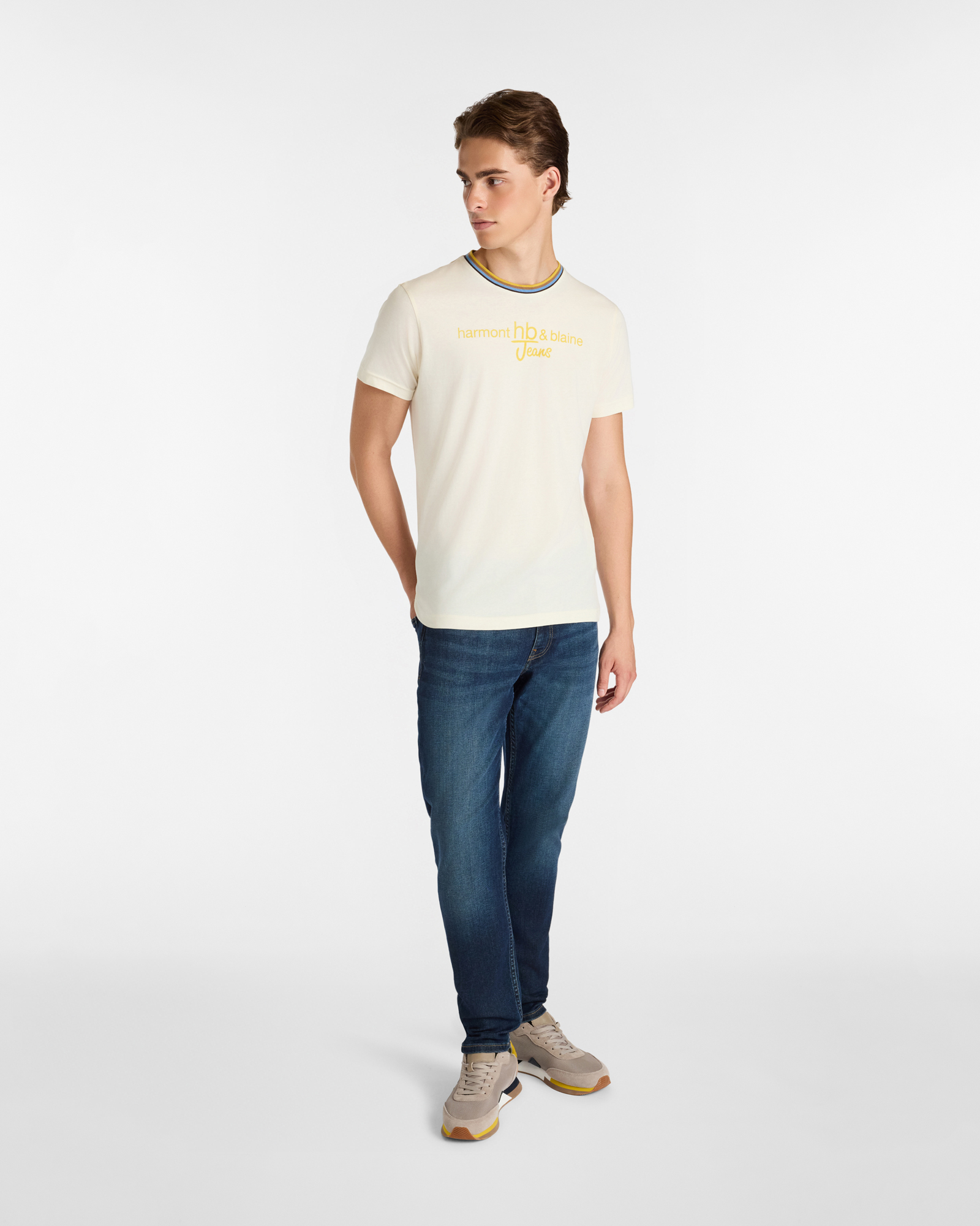 Cotton T-Shirt with Front Logo and Multi-Stripe Ribbed Collar, Cream, large image number 3