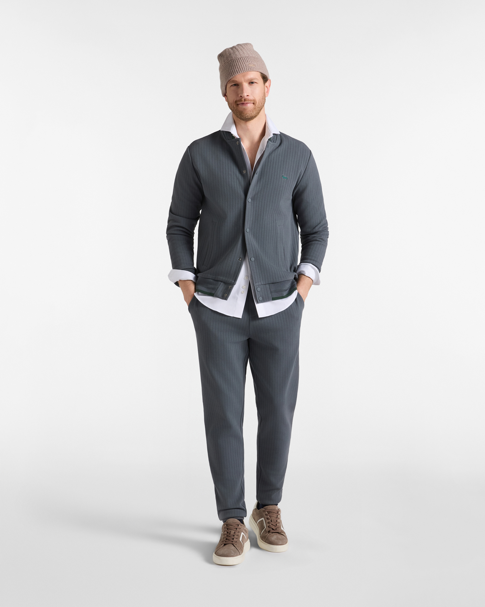 Men's herringbone fleece bomber jacket, GRAY, large