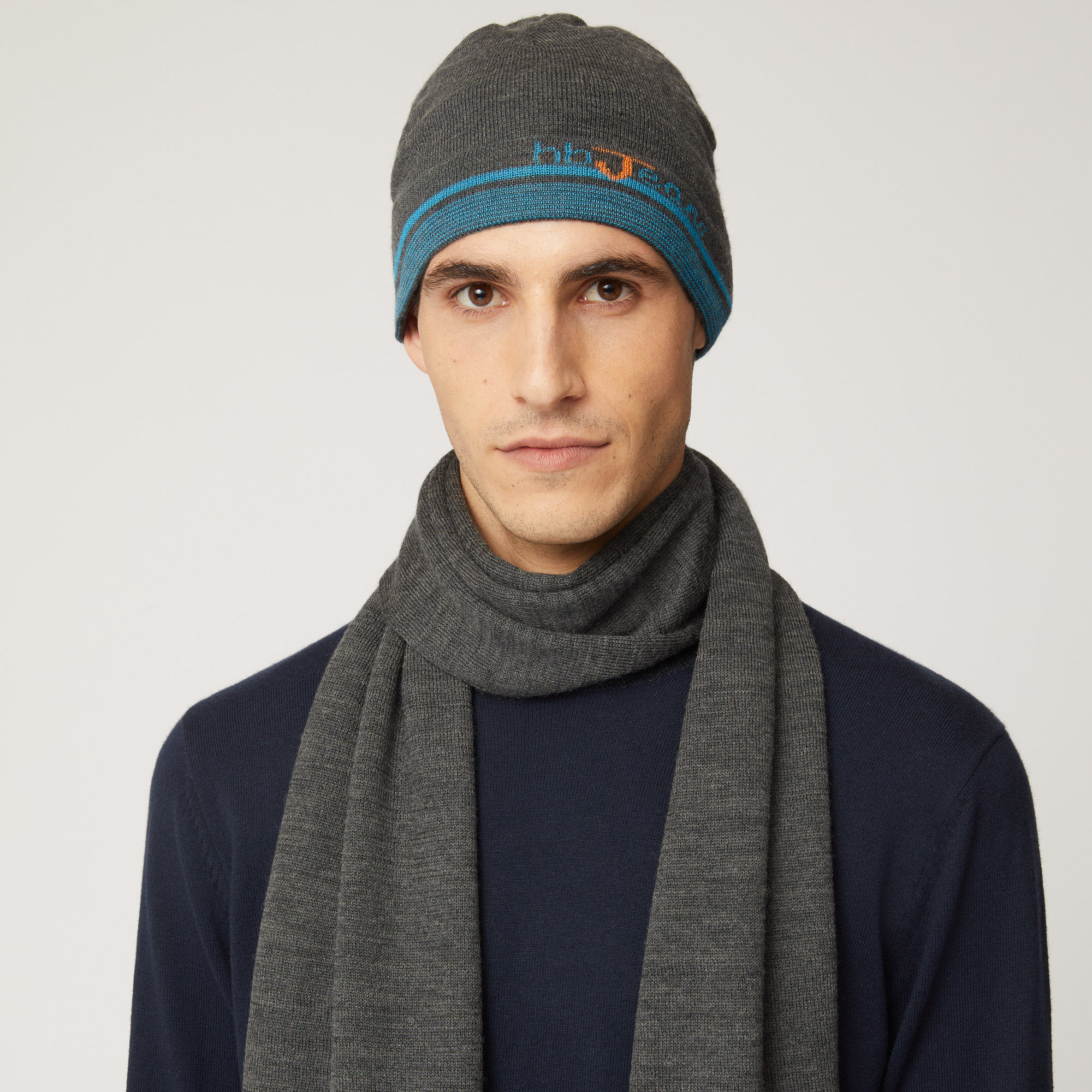 Berretto In Misto Lana Con Lettering E Righe Sul Fondo, Grigio, large image number 2