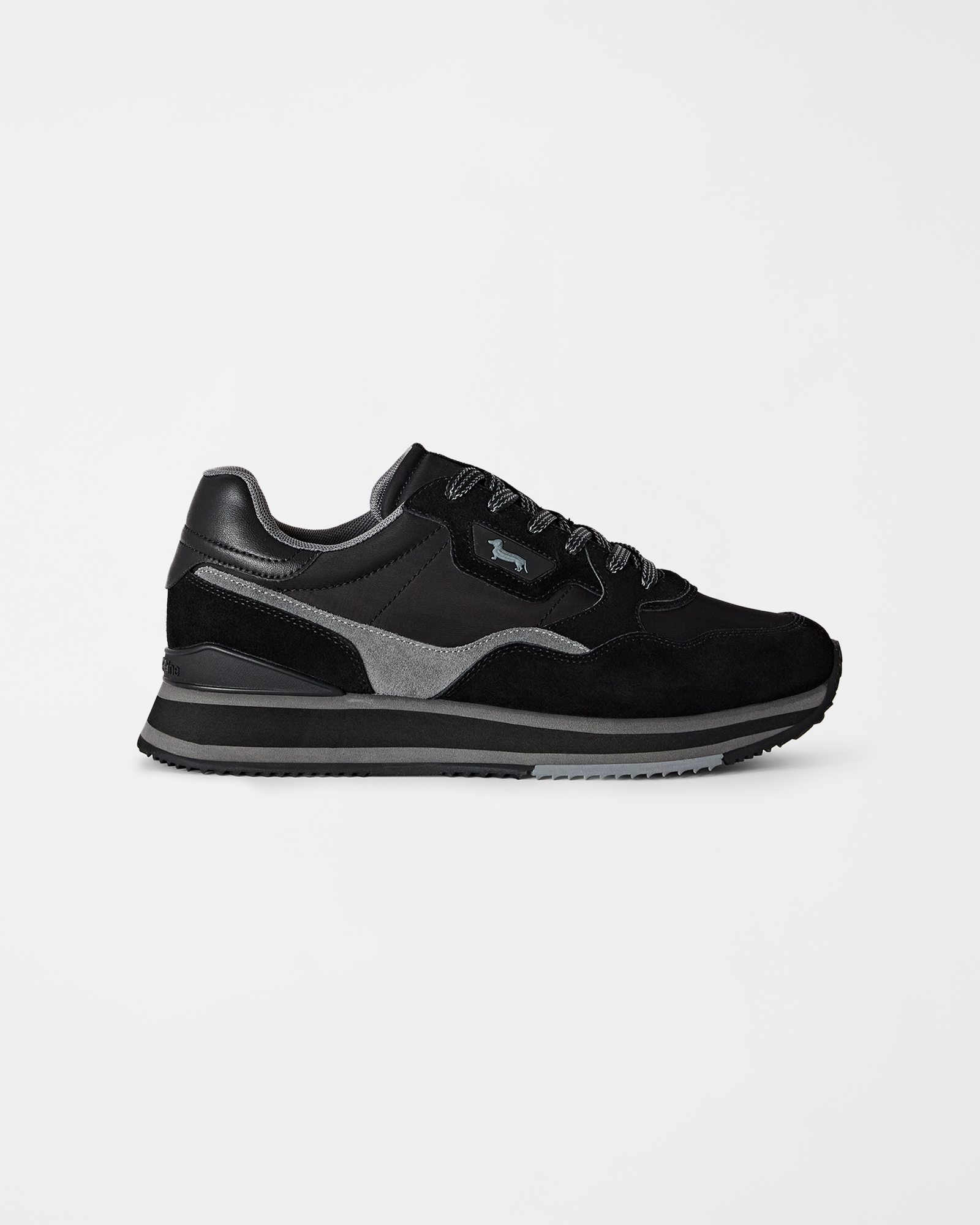 Men's dark gray and black running sneakers in suede and technical fabric