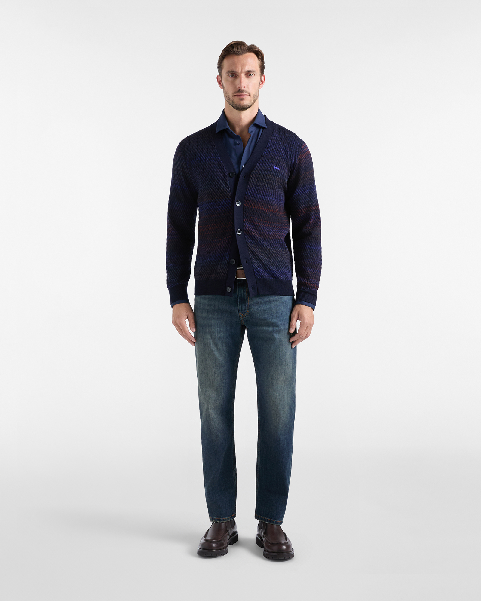 Men's Made in Italy V-neck cardigan in 100% pure wool with regular fit, NAVY BLUE, large