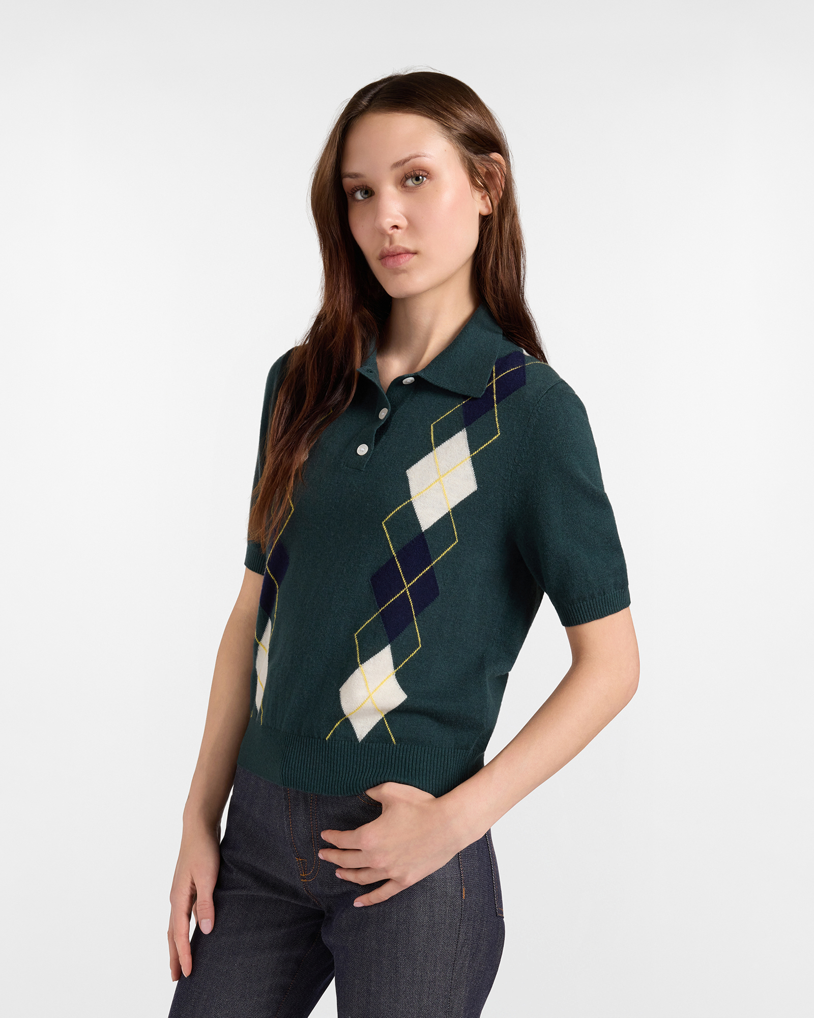 Women's polo shirt collar sweater in green wool blend