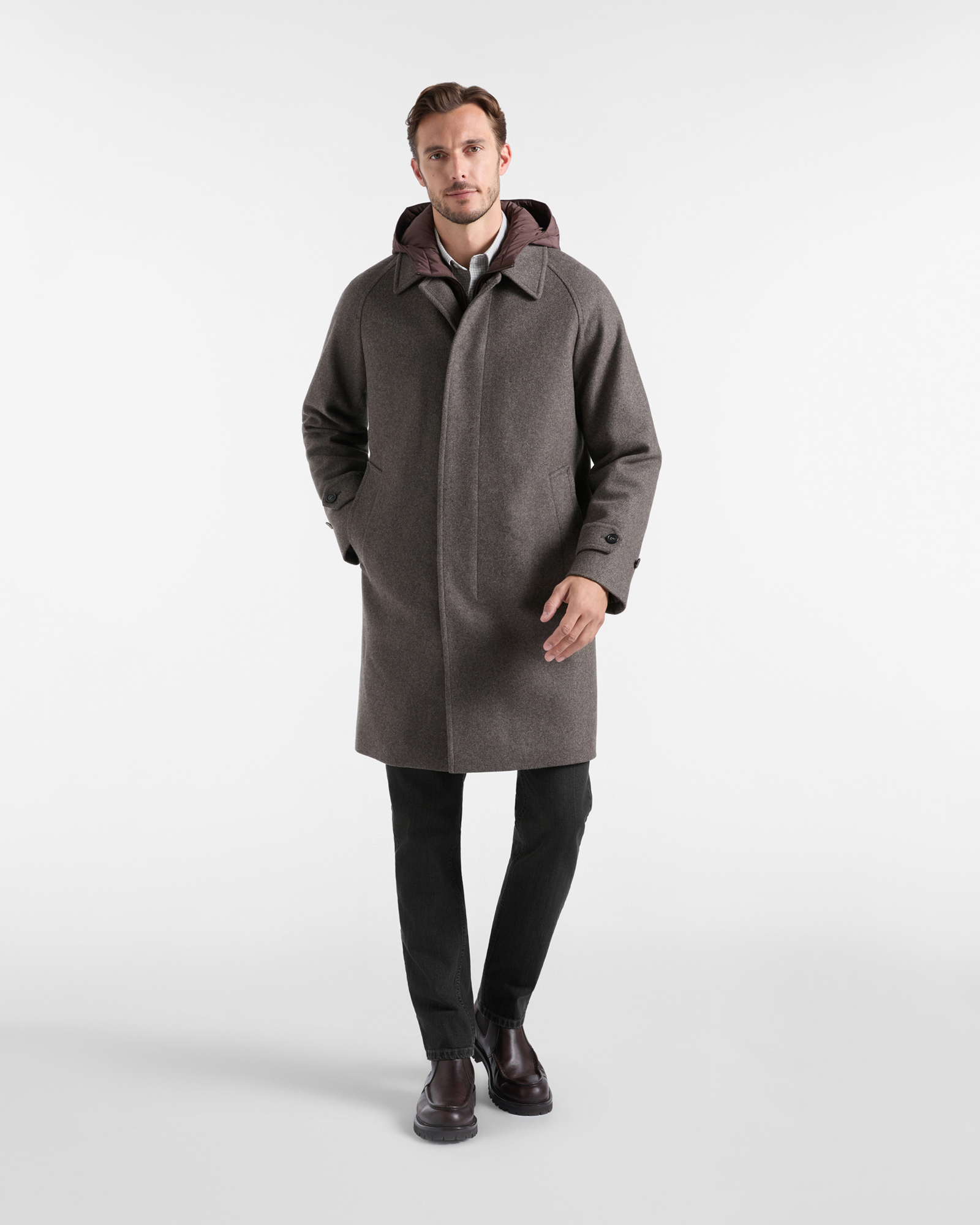 Men&rsquo;s Wool Coat with Removable Bib, DARK BROWN, large