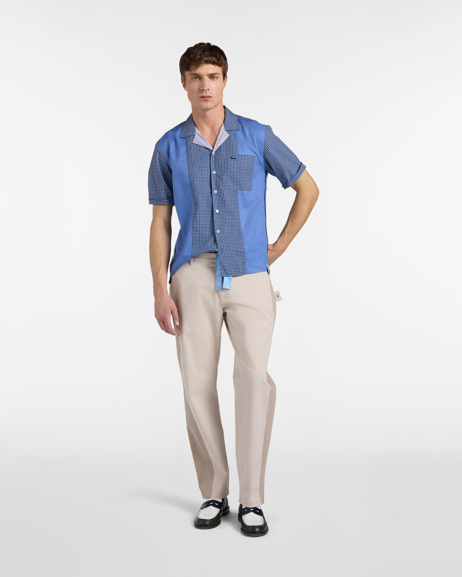 Men's Re-Loved bowling shirt in a mix of Italian check fabrics, Blue, large image number 3