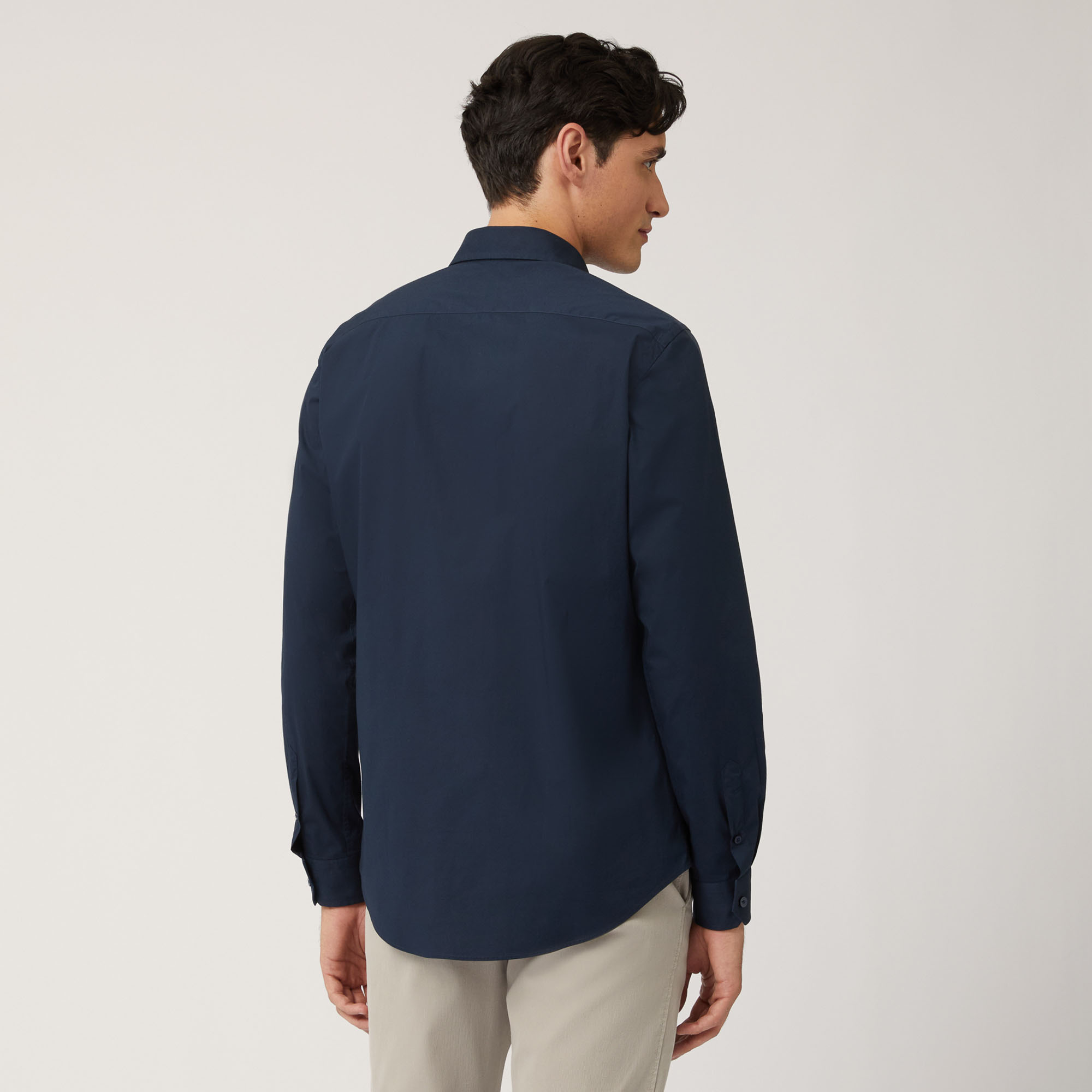 Camicia In Cotone Stretch Con Interni A Contrasto, Blu Navy, large
