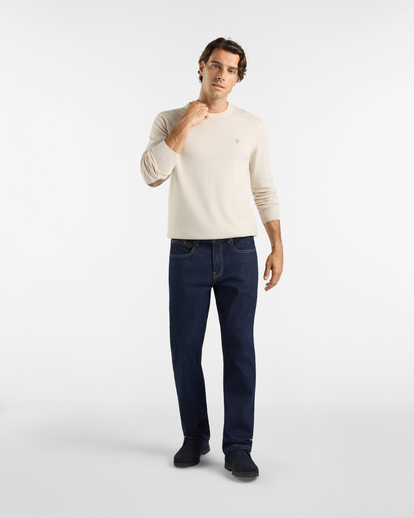 Maglia HBJ Uomo in punto cardato con toppe, girocollo in misto lana e cashmere, BIANCO, large