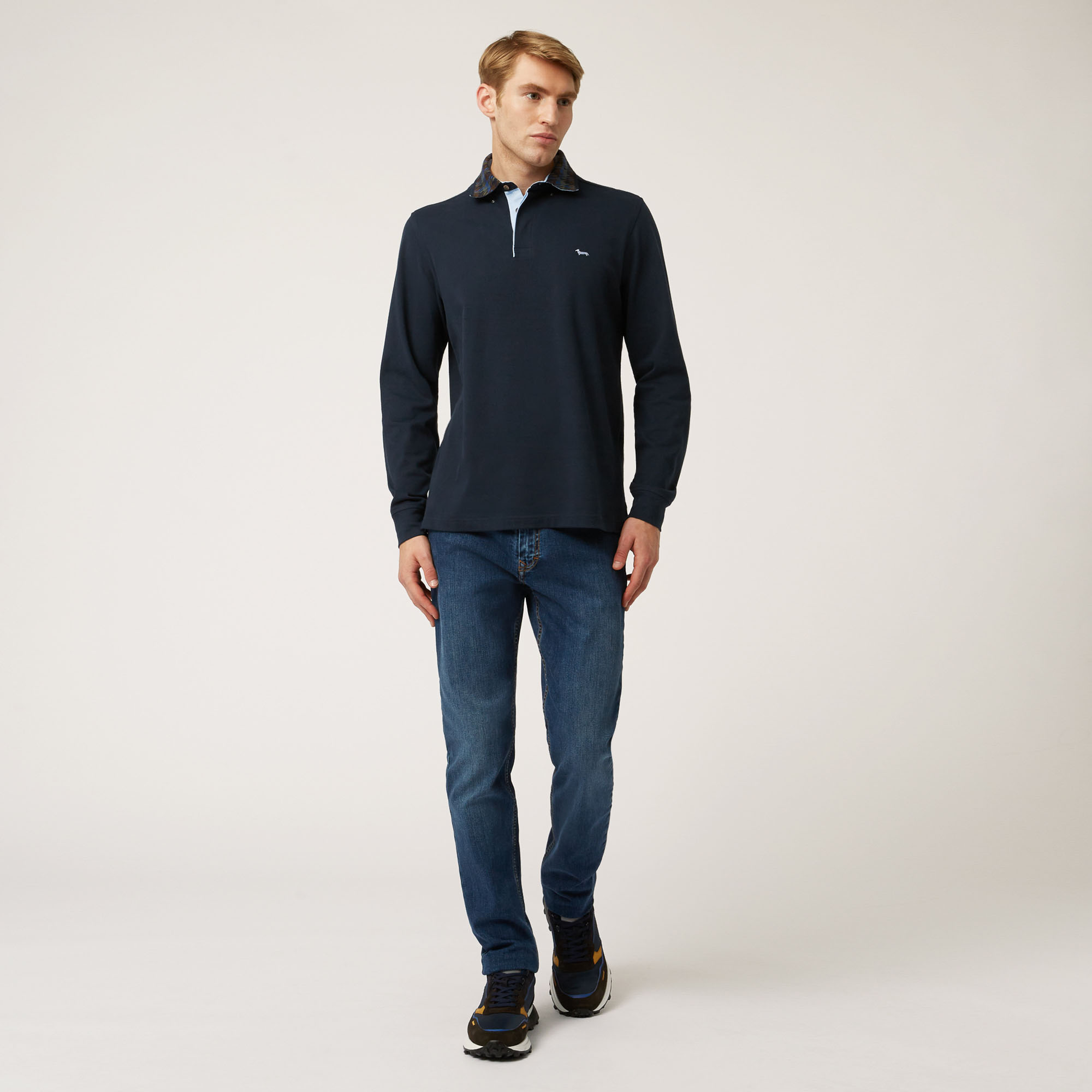 Polo Vietri A Maniche Lunghe Con Collo A Contrasto, Blu Navy, large image number 3