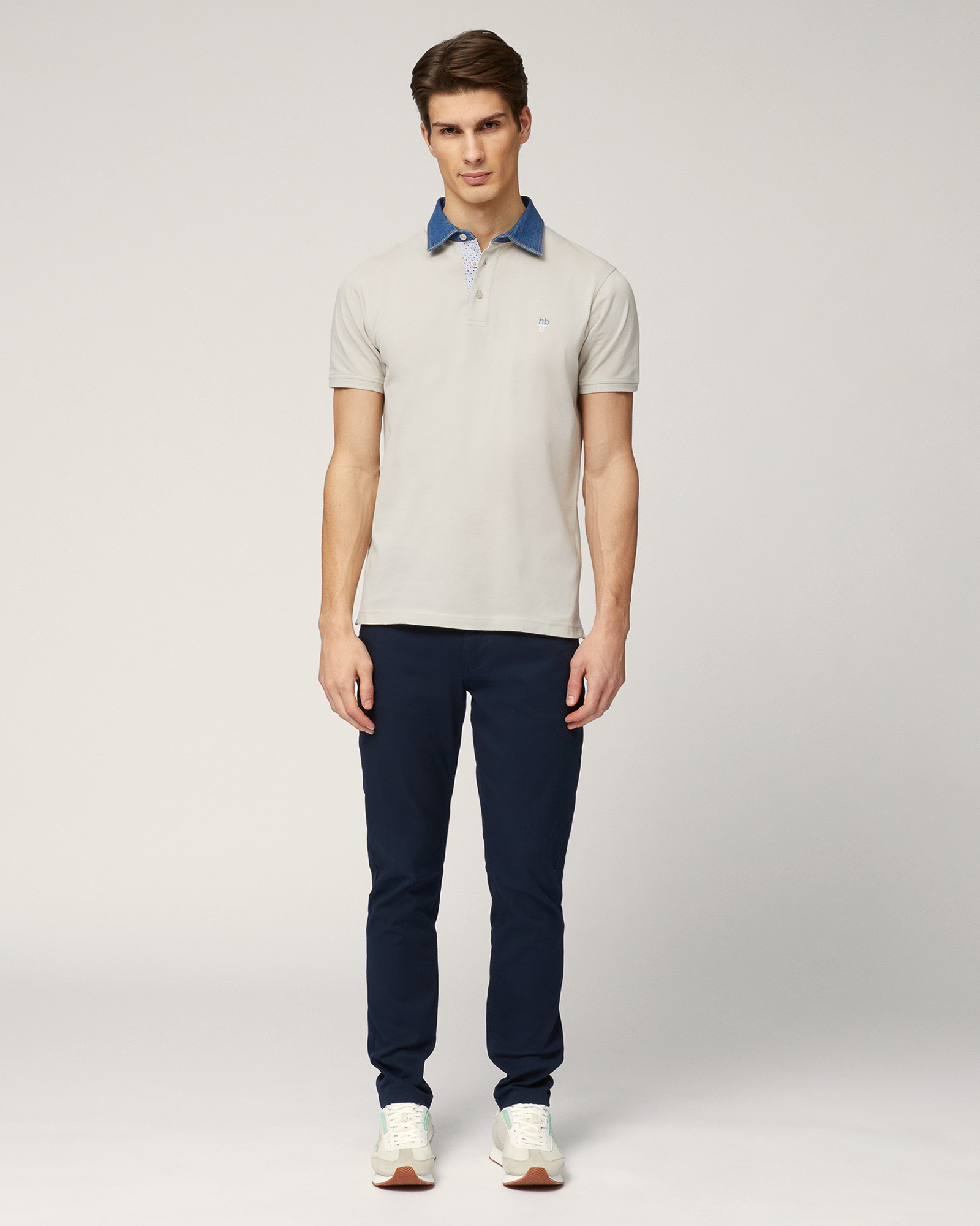 Polo-Shirt with Denim Collar, Sand, large image number 3