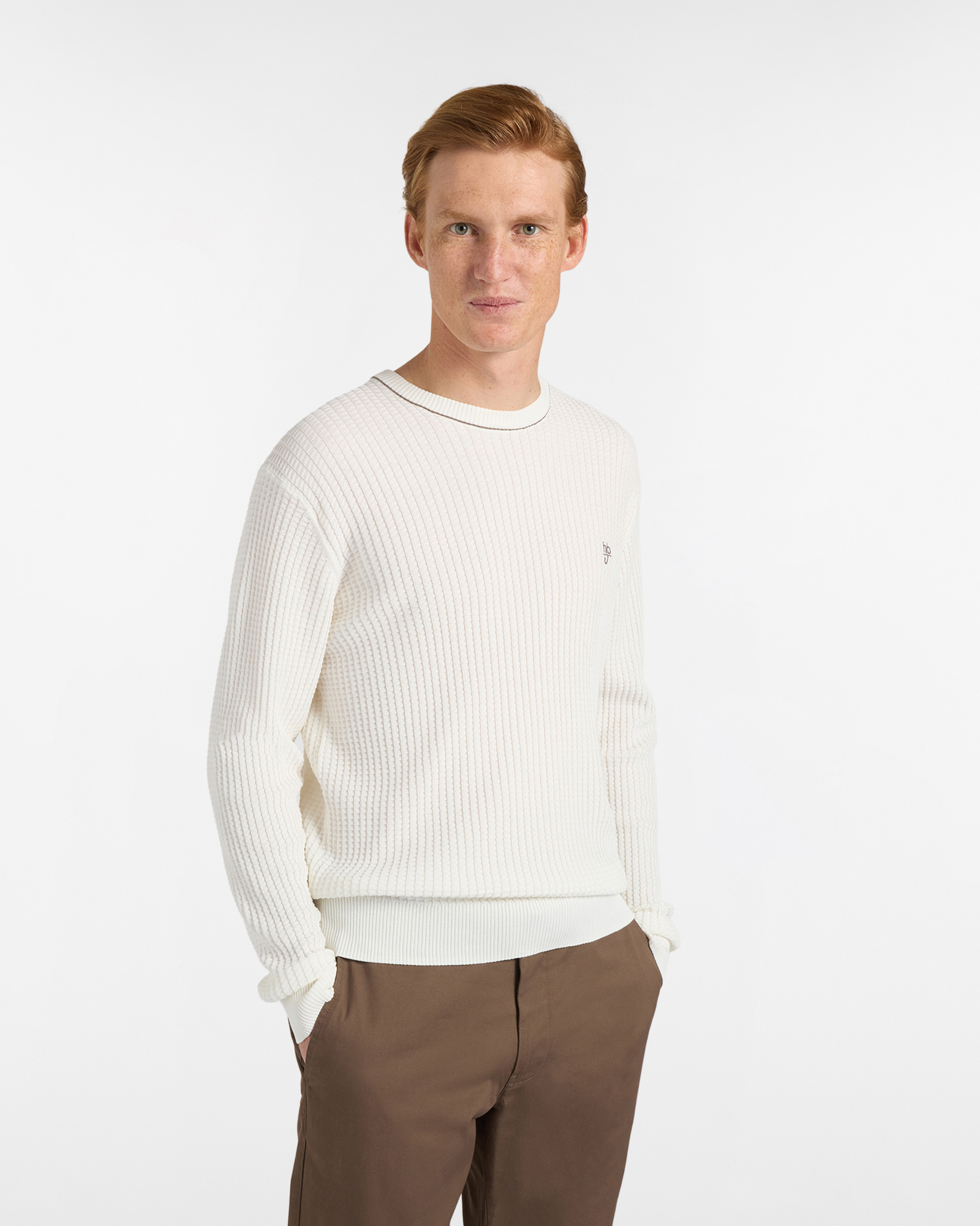 Girocollo Uomo in Crepe Punto Coste, Uomo, Bianco naturale, Taglia: S