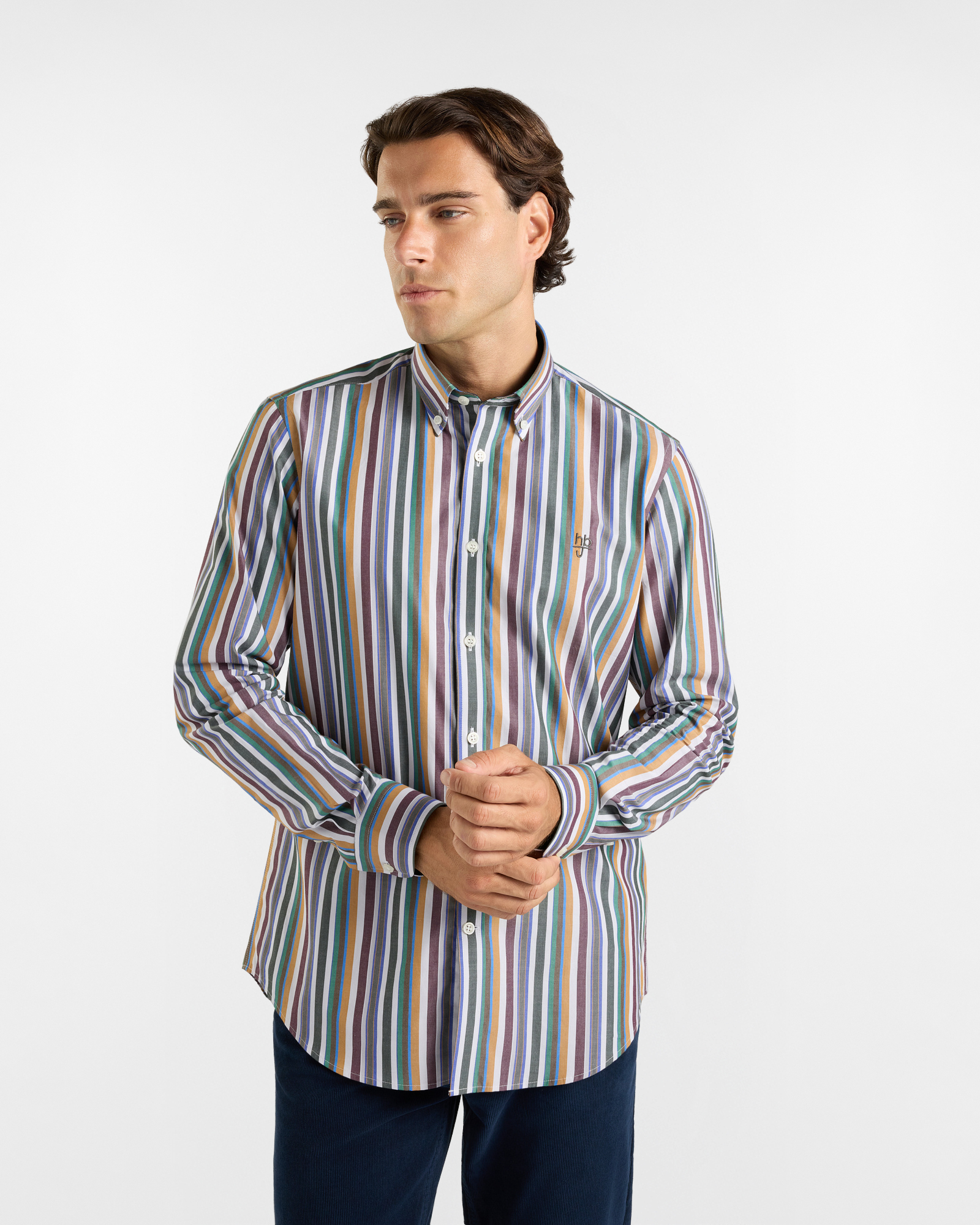 HBJ Men&rsquo;s Regular Fit Shirt with Monte Carlo Collar in Pure Cotton with Multicoloured Stripes