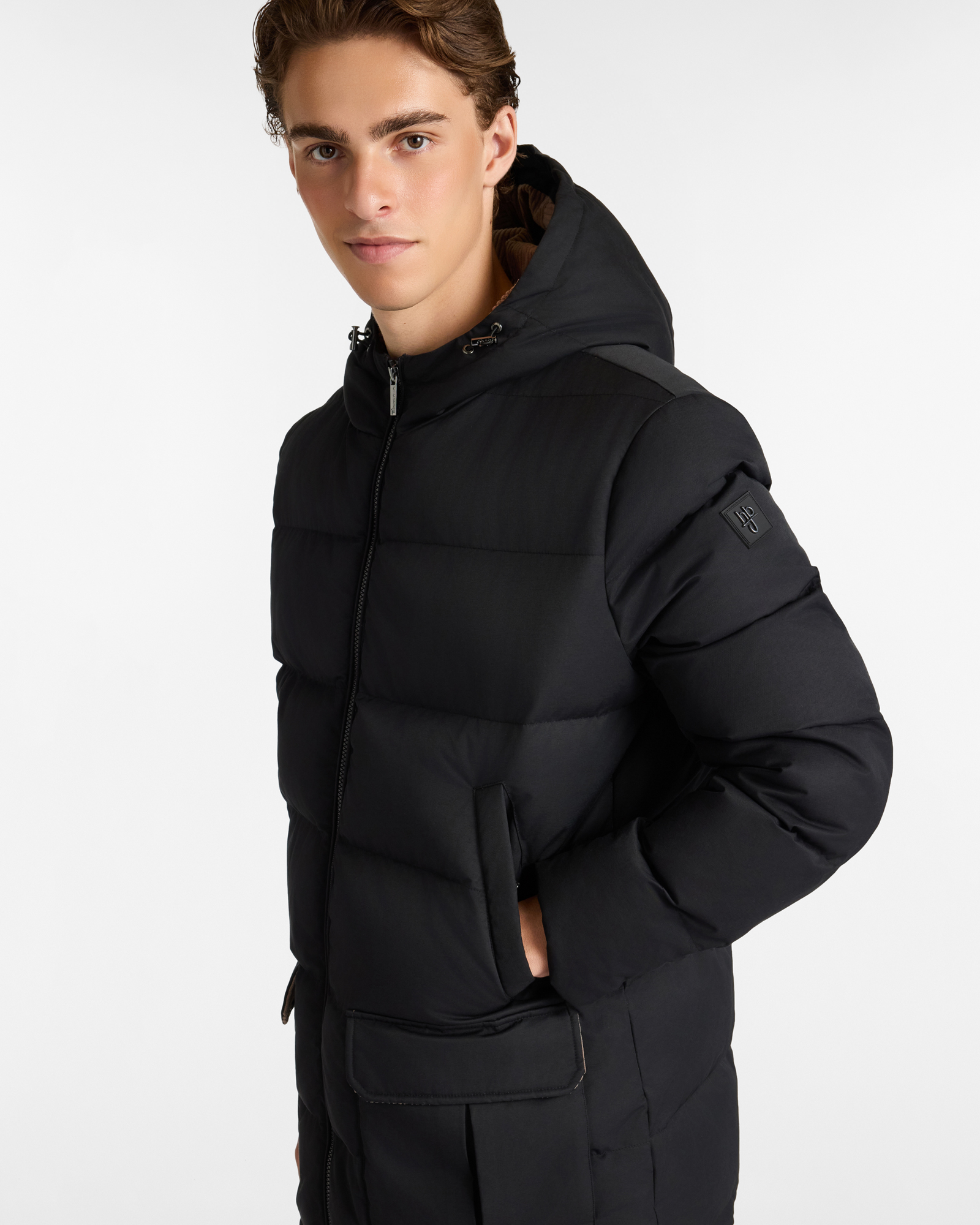 Long Quilted Down Jacket with Hood and Velvet Interior Details, Black, large image number 2