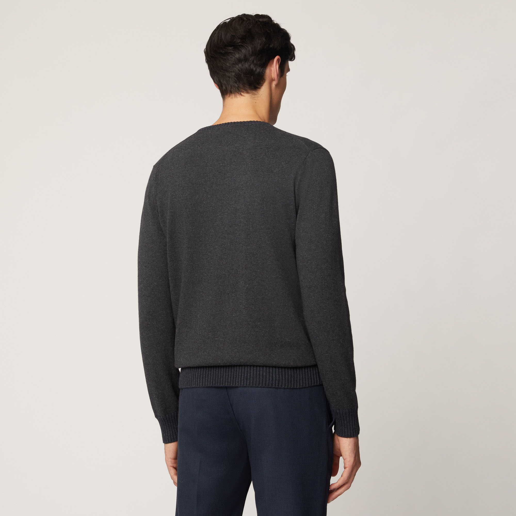 Pullover Girocollo In Cotone E Lana Con Dettagli A Costine, Grigio, large image number 1