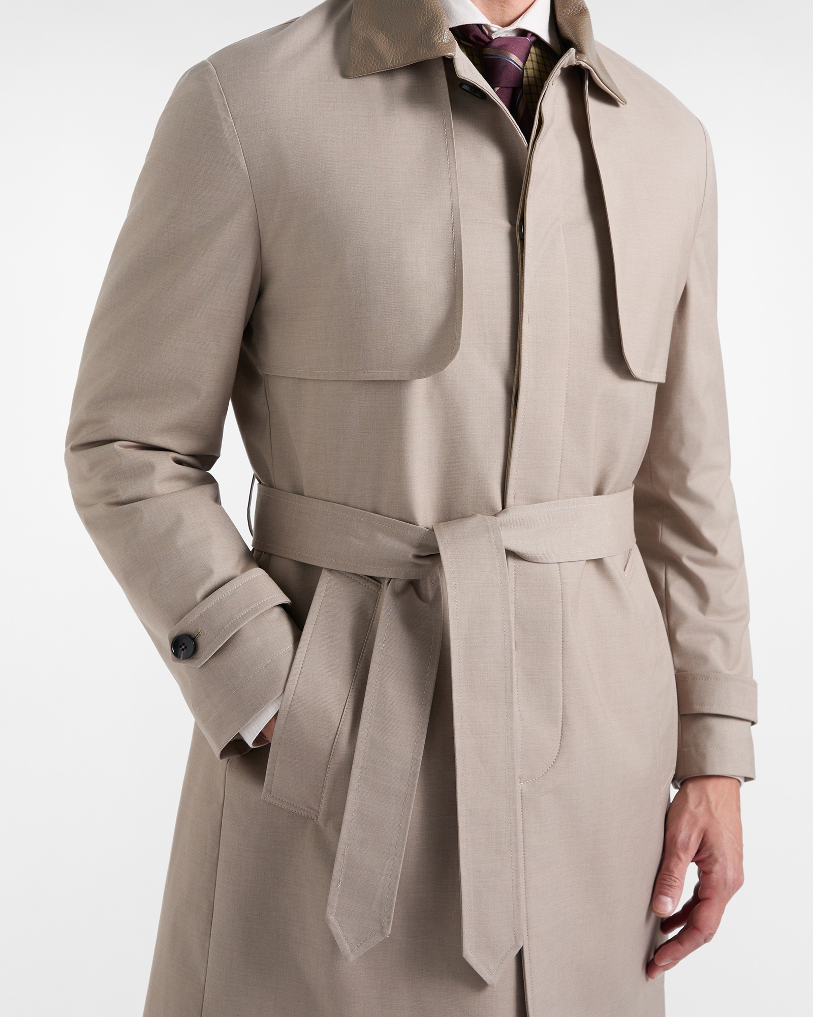 Men&rsquo;s Trench Coat with Genuine Leather Collar, BEIGE, large