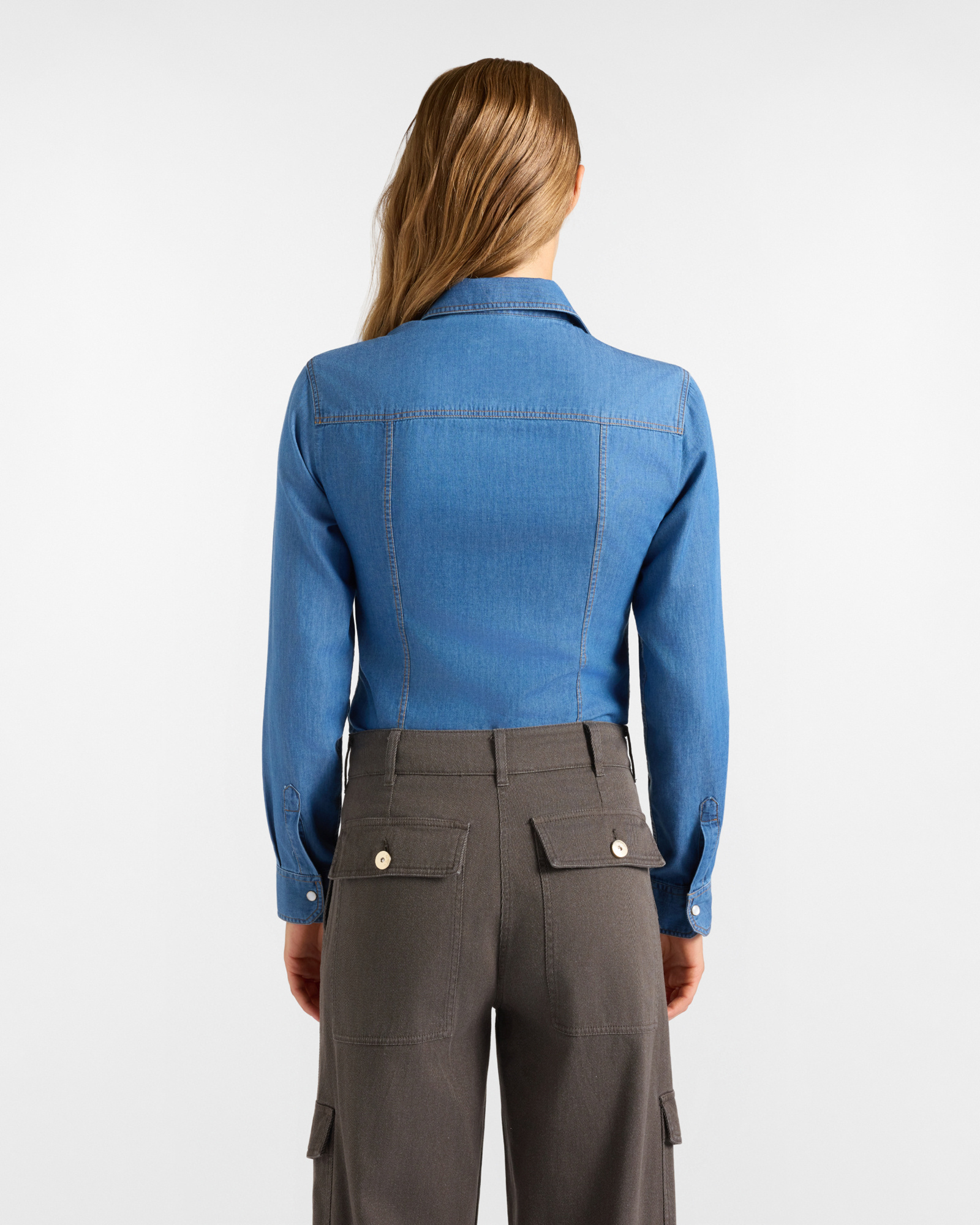 Women's basic dark  denim shirt with chest pocket, NAVY BLUE, large image number 2