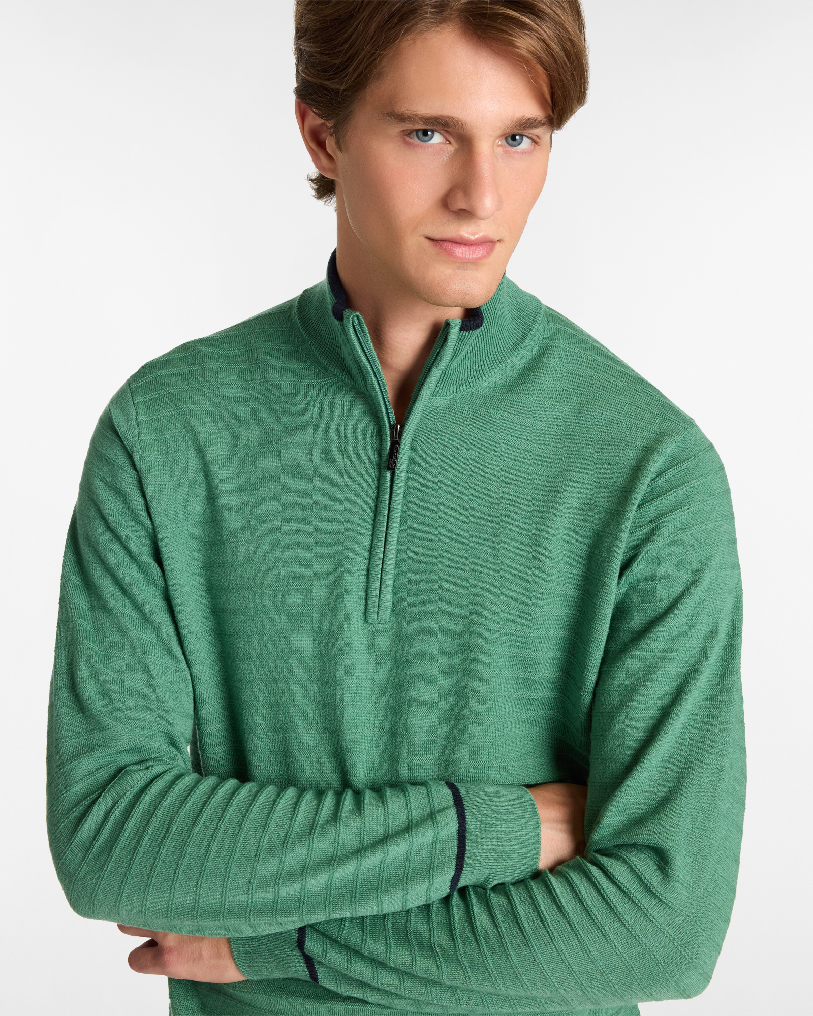 Half Zip Sweater with High Neck and Contrast Edges, Light Green, large image number 2