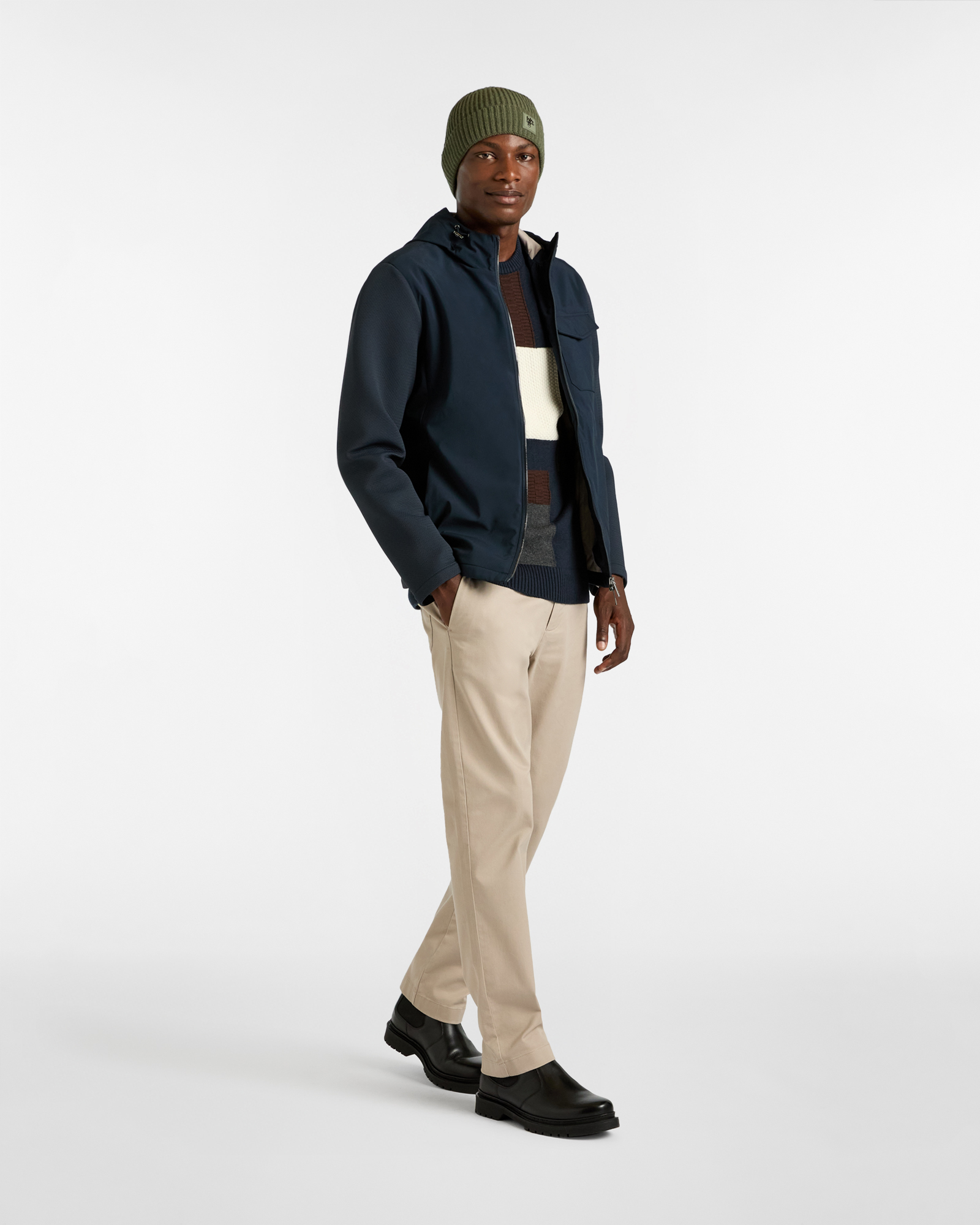 Full Zip Jacket in Soft Shell and Technical Knit, Dark Blue, large image number 3