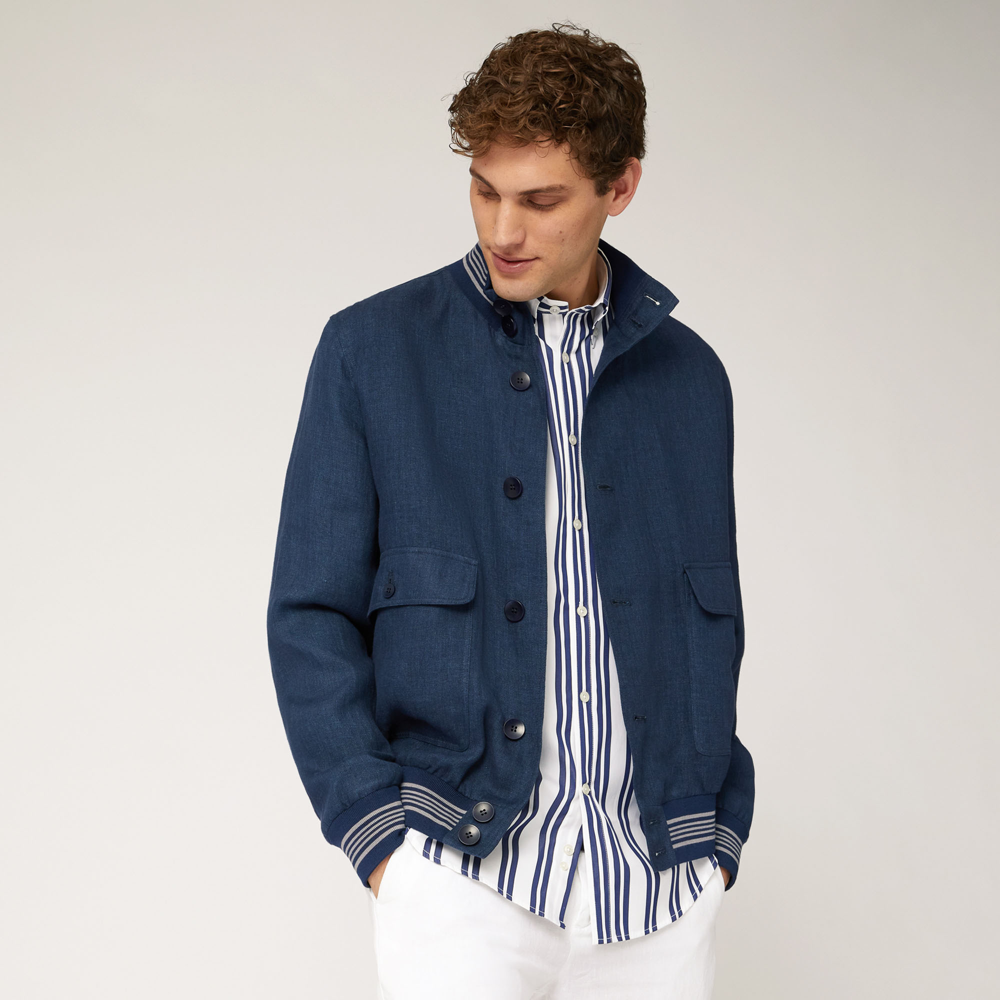 Linen Bomber Jacket with Striped Details, Blue, large image number 0