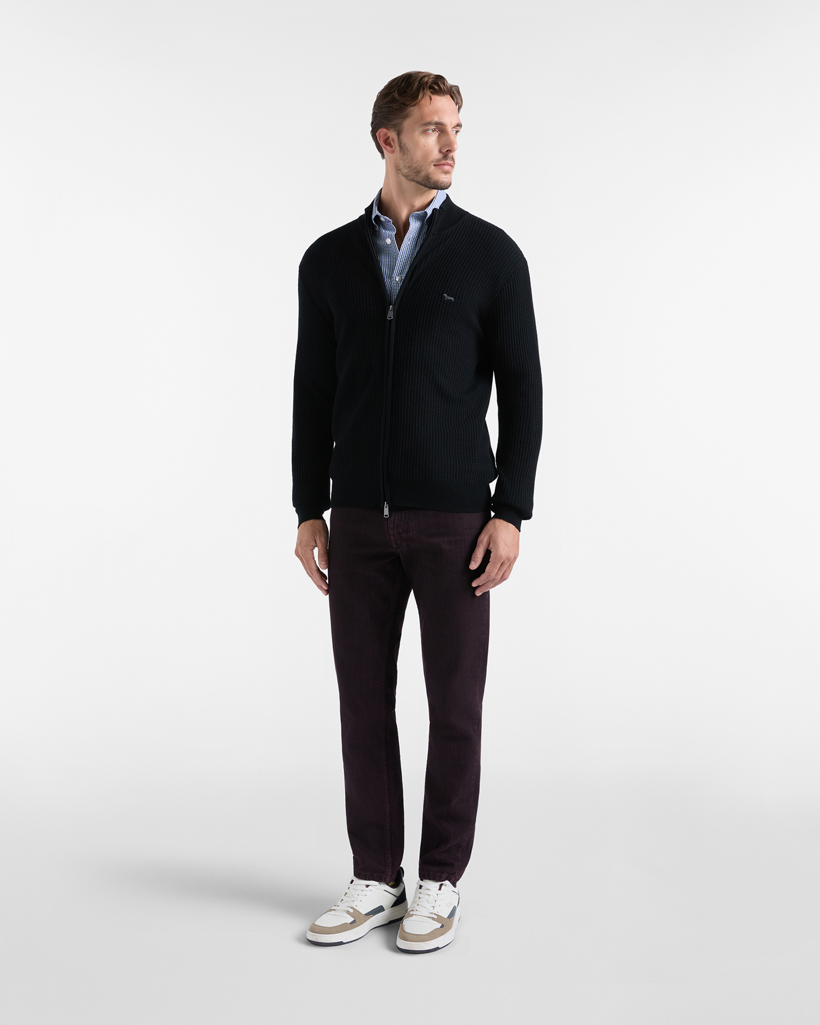Maglia Uomo con collo alto full zip in misto lana e cotone Regular Fit, NERO, large