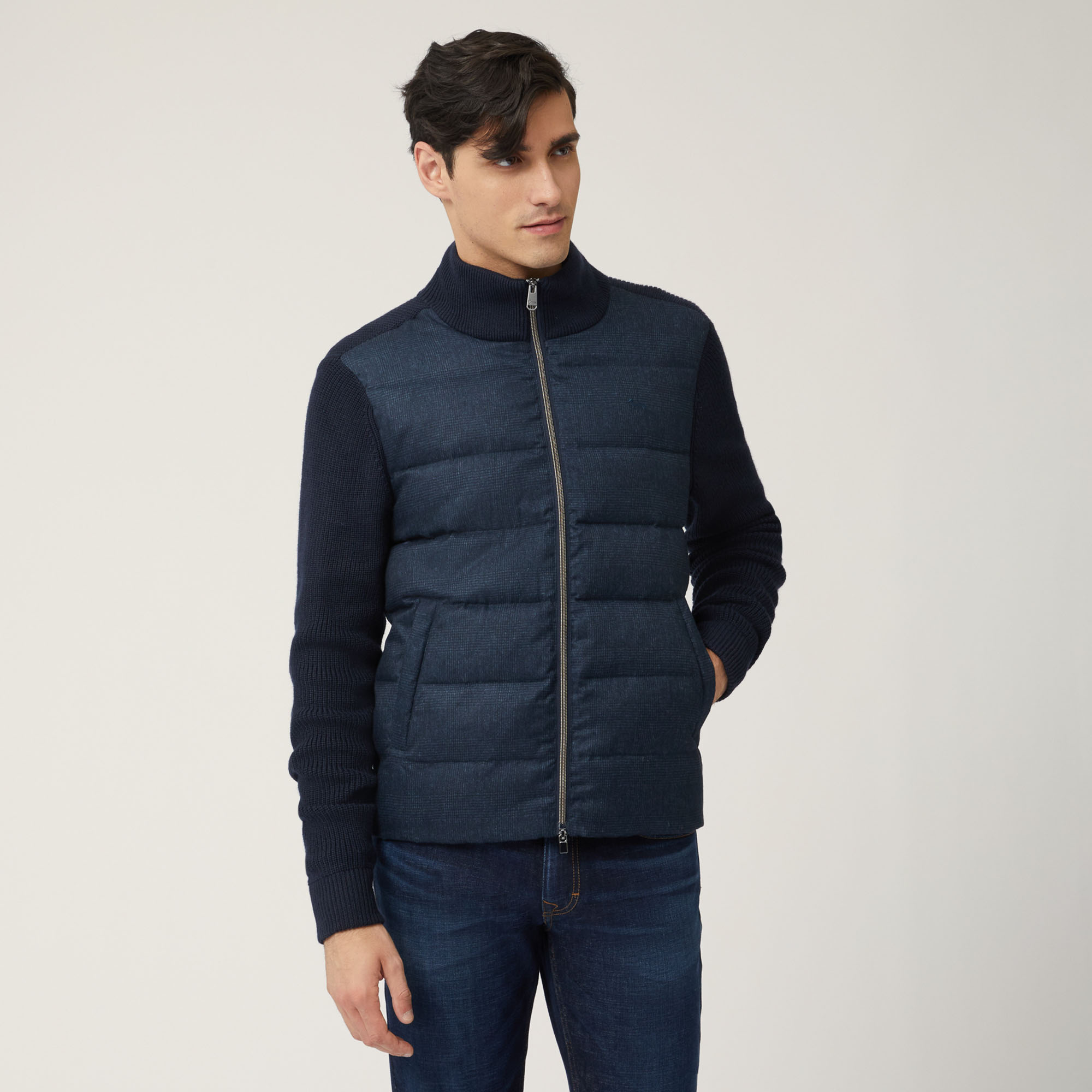 Mixed-Material Bomber Jacket, Blue, large image number 0