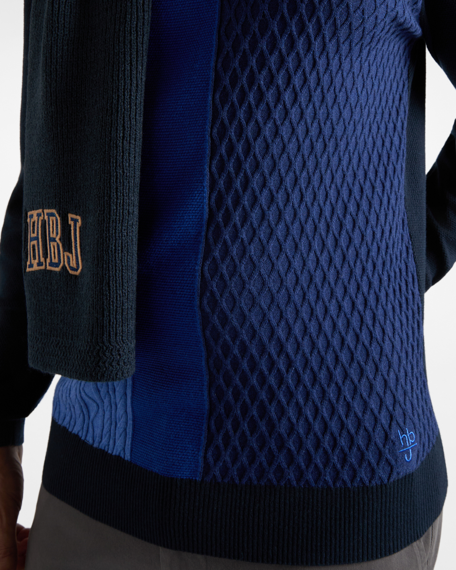 Maglia girocollo HBJ Uomo colour-block in misto lana e cashmere, BLU SCURO, large