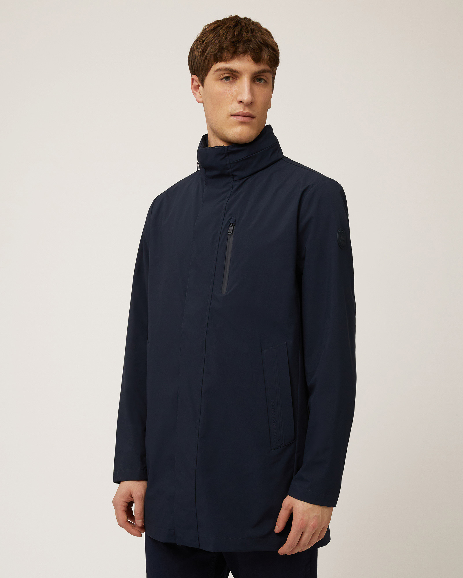 Softshell Short Trench Coat, Navy Blue, large