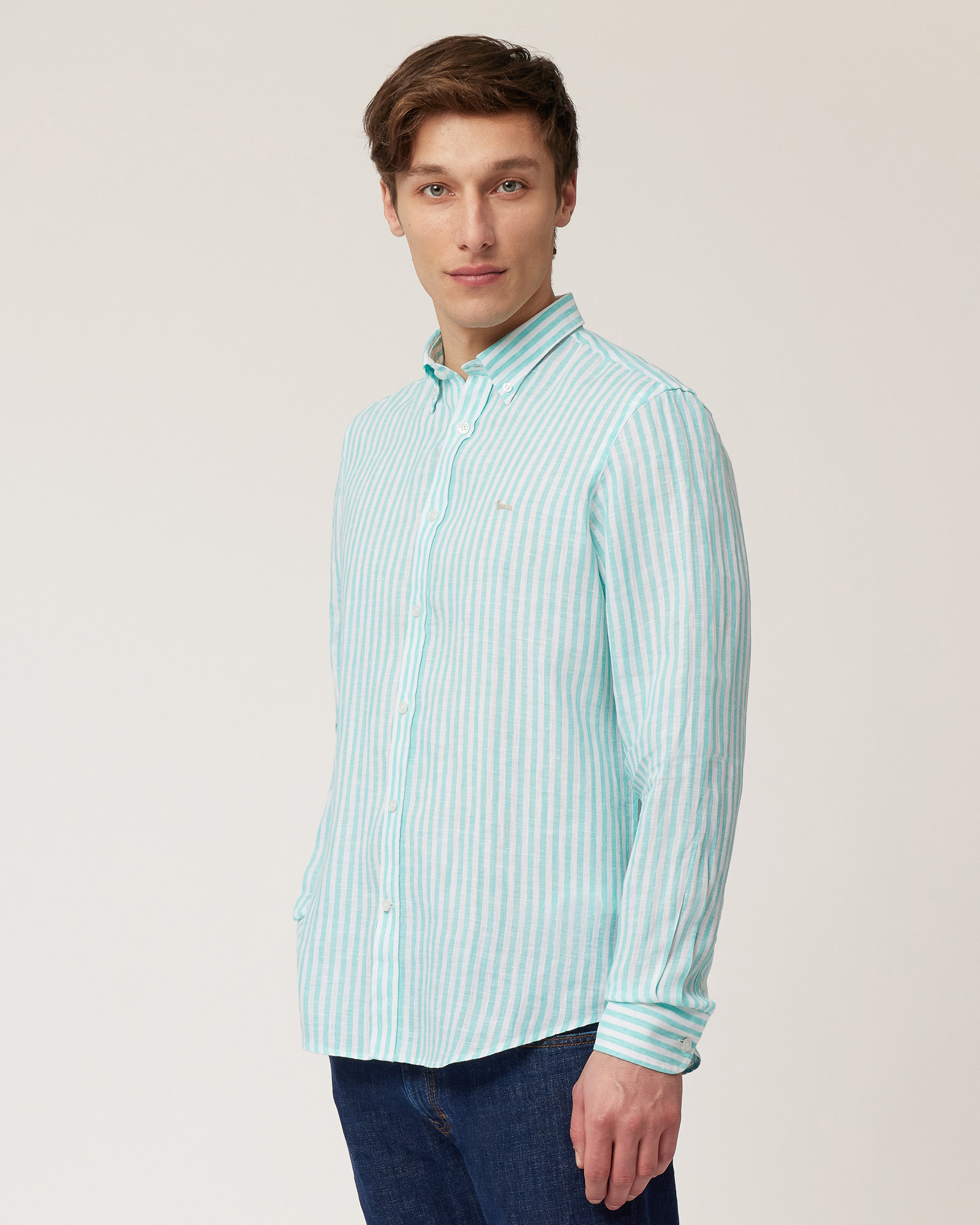 Linen Striped Shirt, Turquoise, large