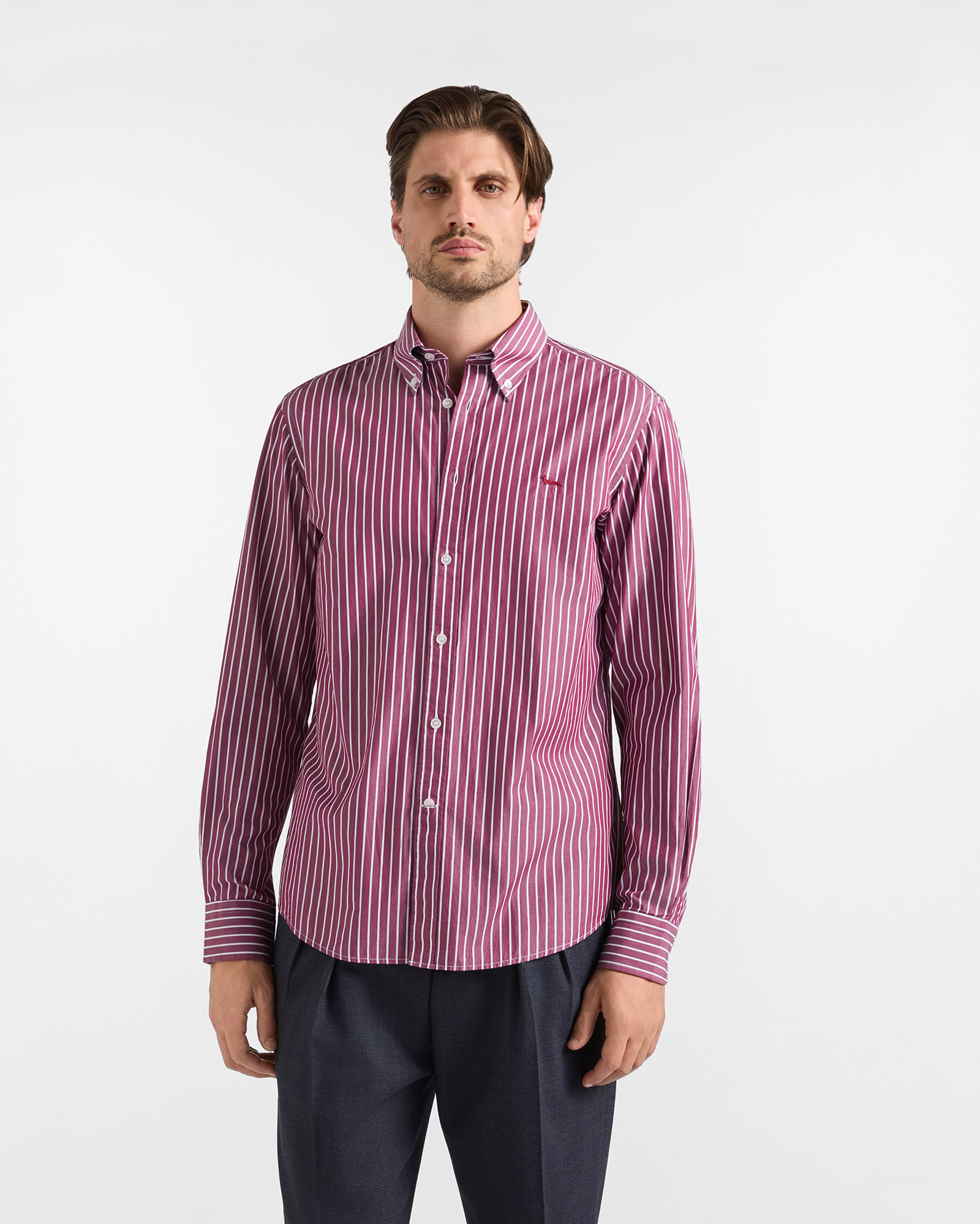 Men's regular-fit red yarn-dyed shirt with wide stripe