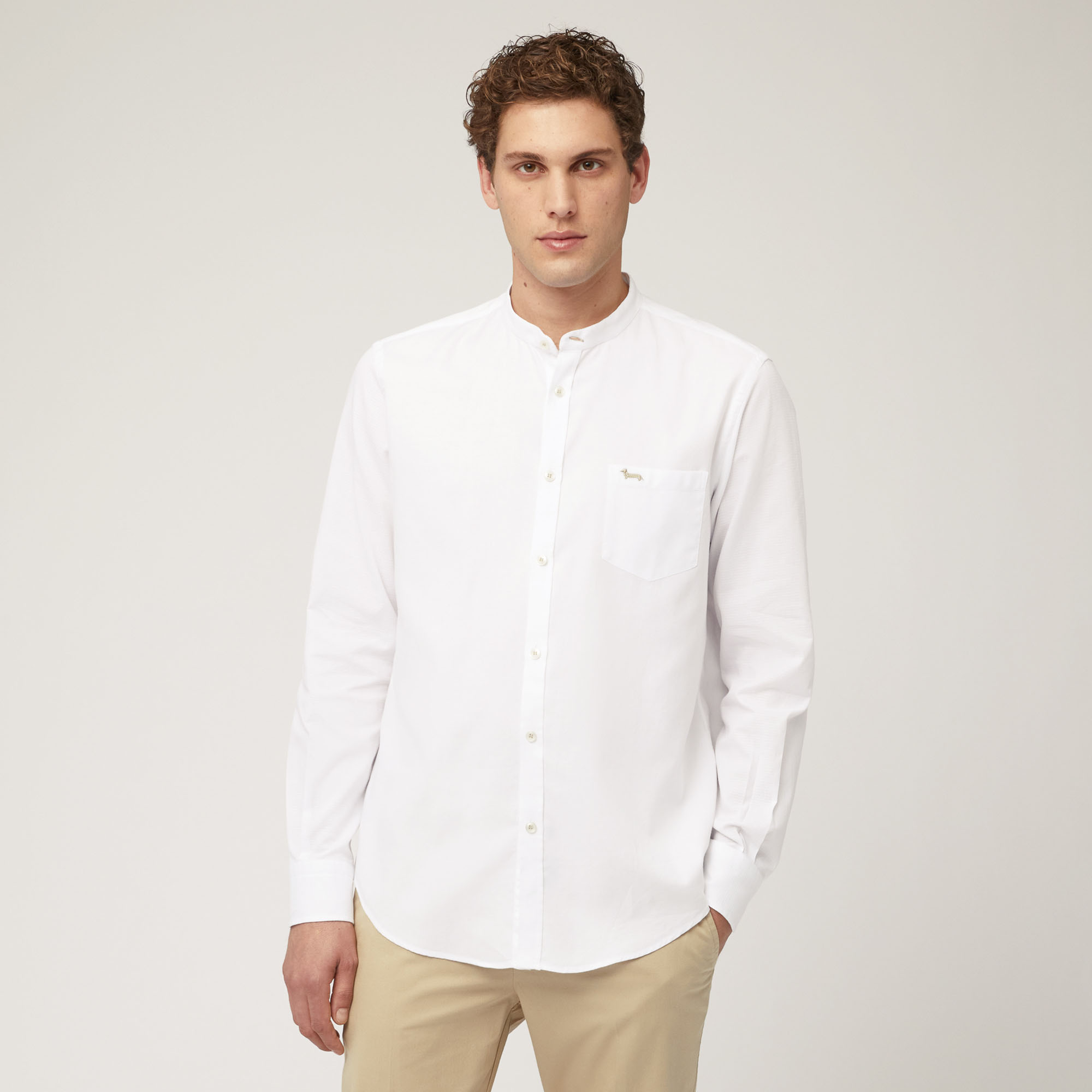 Woven Cotton Shirt with Mandarin Collar and Breast Pocket
