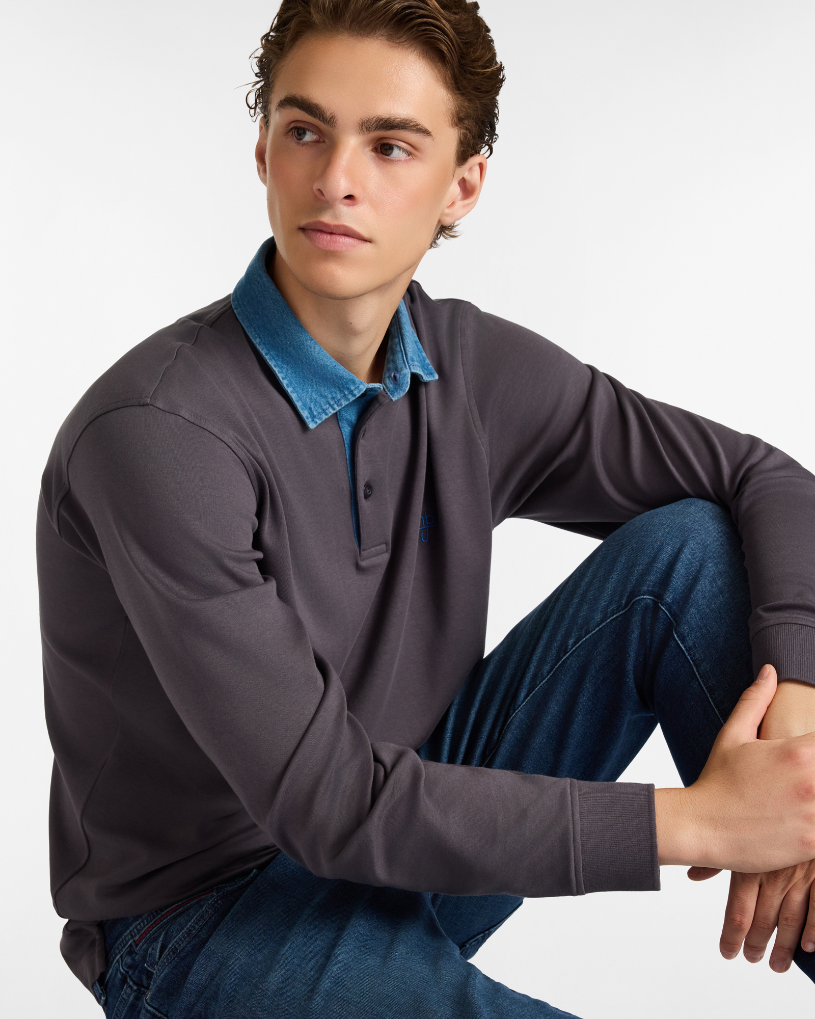 Polo Manica Lunga in Cotone con Collo in Denim, Grigio Scuro, large image number 2