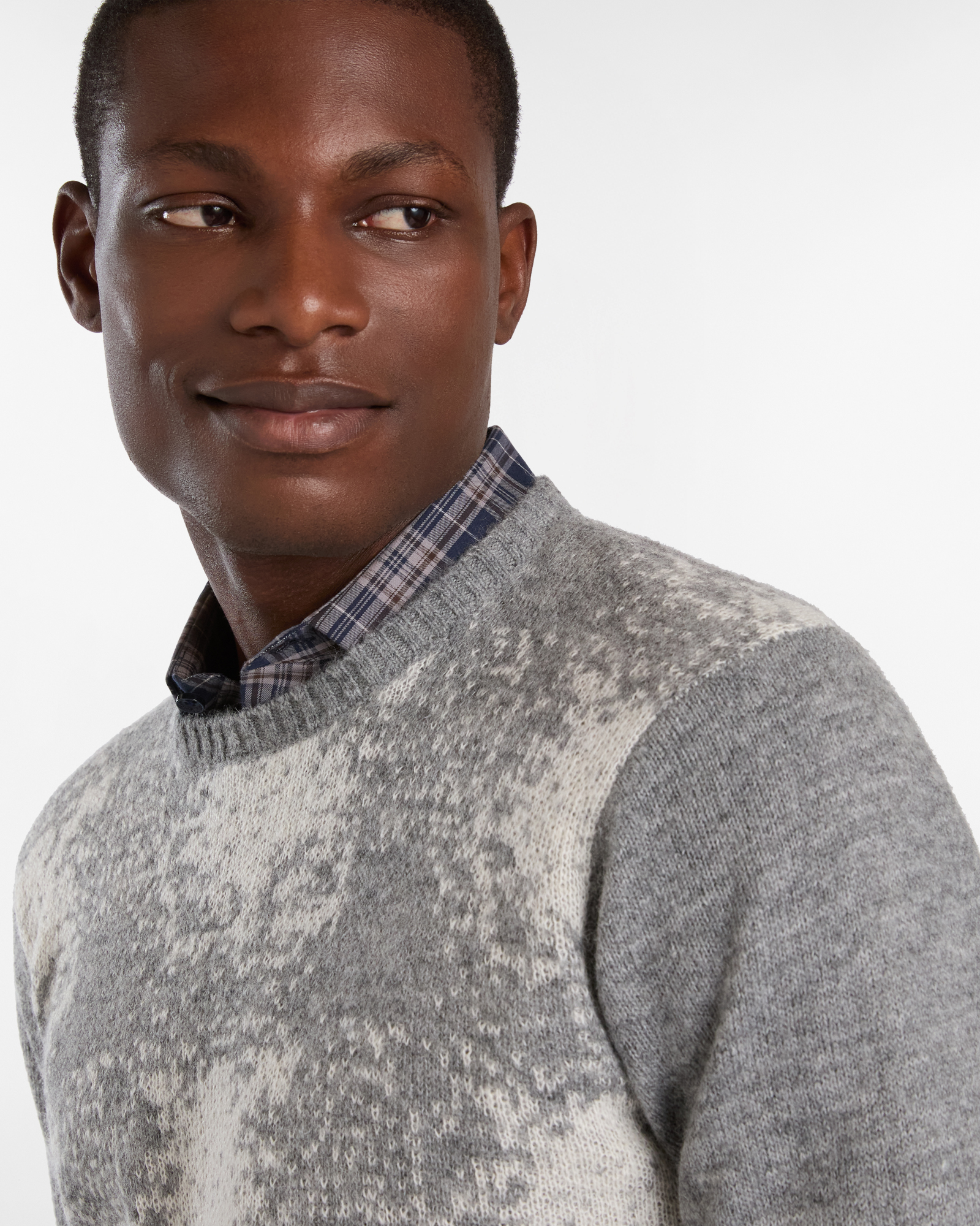 Crewneck Sweater with Distorted Check Pattern, Gray, large image number 2