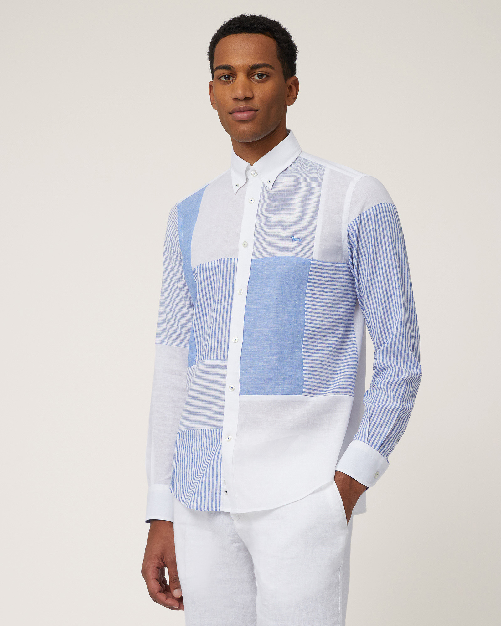 Linen Blend Patchwork Shirt, Light Blue, large image number 0