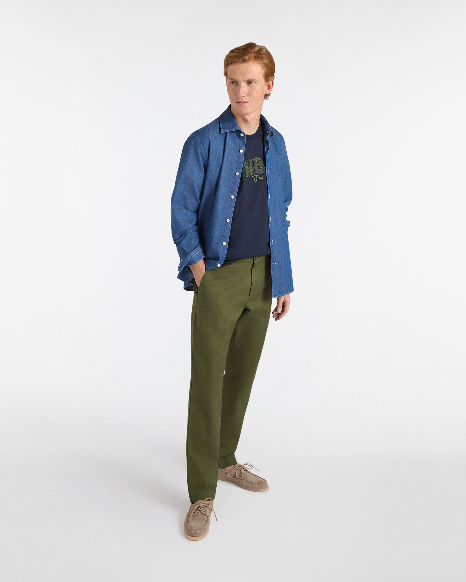 Chino Uomo in Cotone e Lino Regular Fit, Verde militare, large image number 3