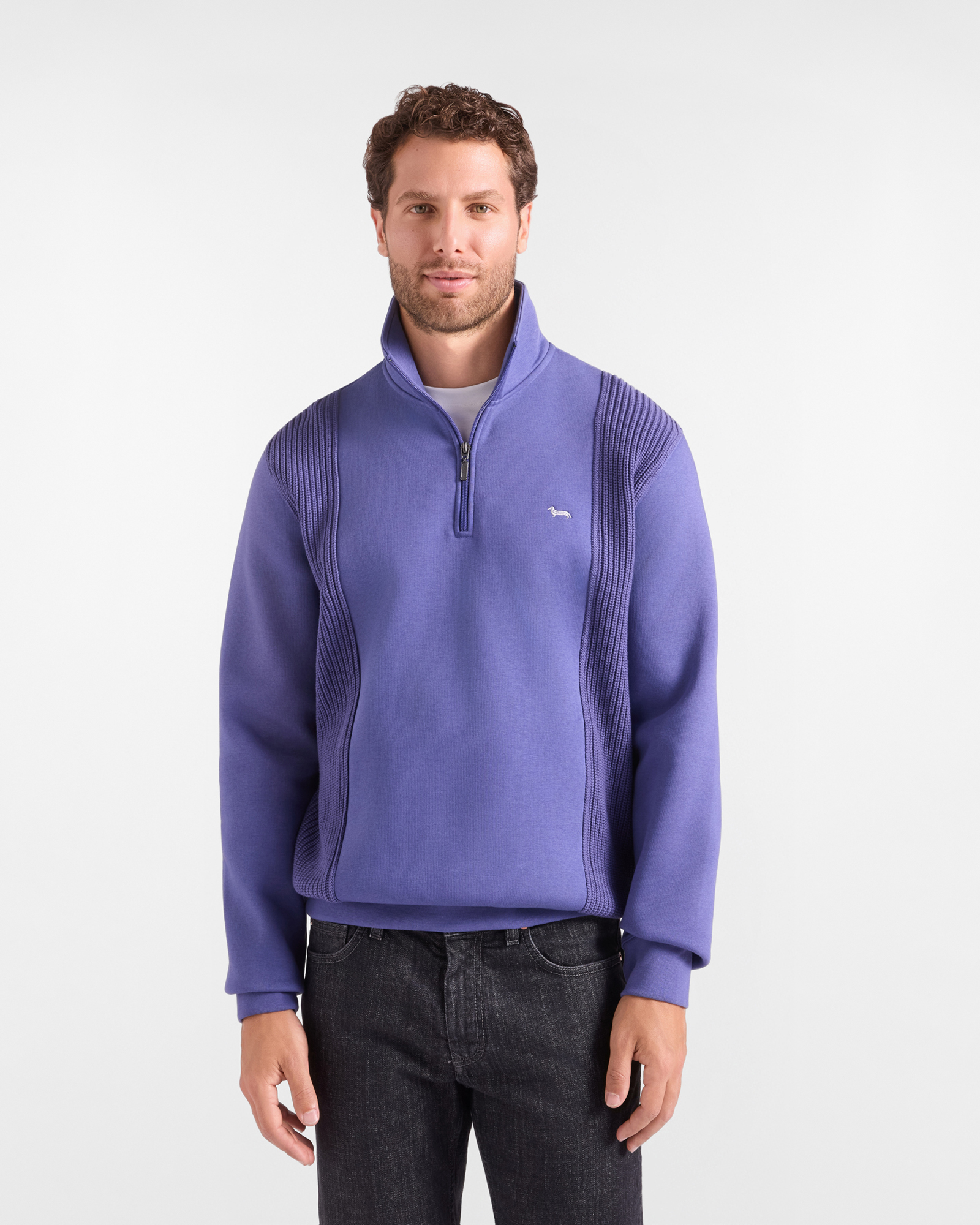Men&rsquo;s Technical Fabric Half-Zip Sweatshirt with Knit Inserts in Purple