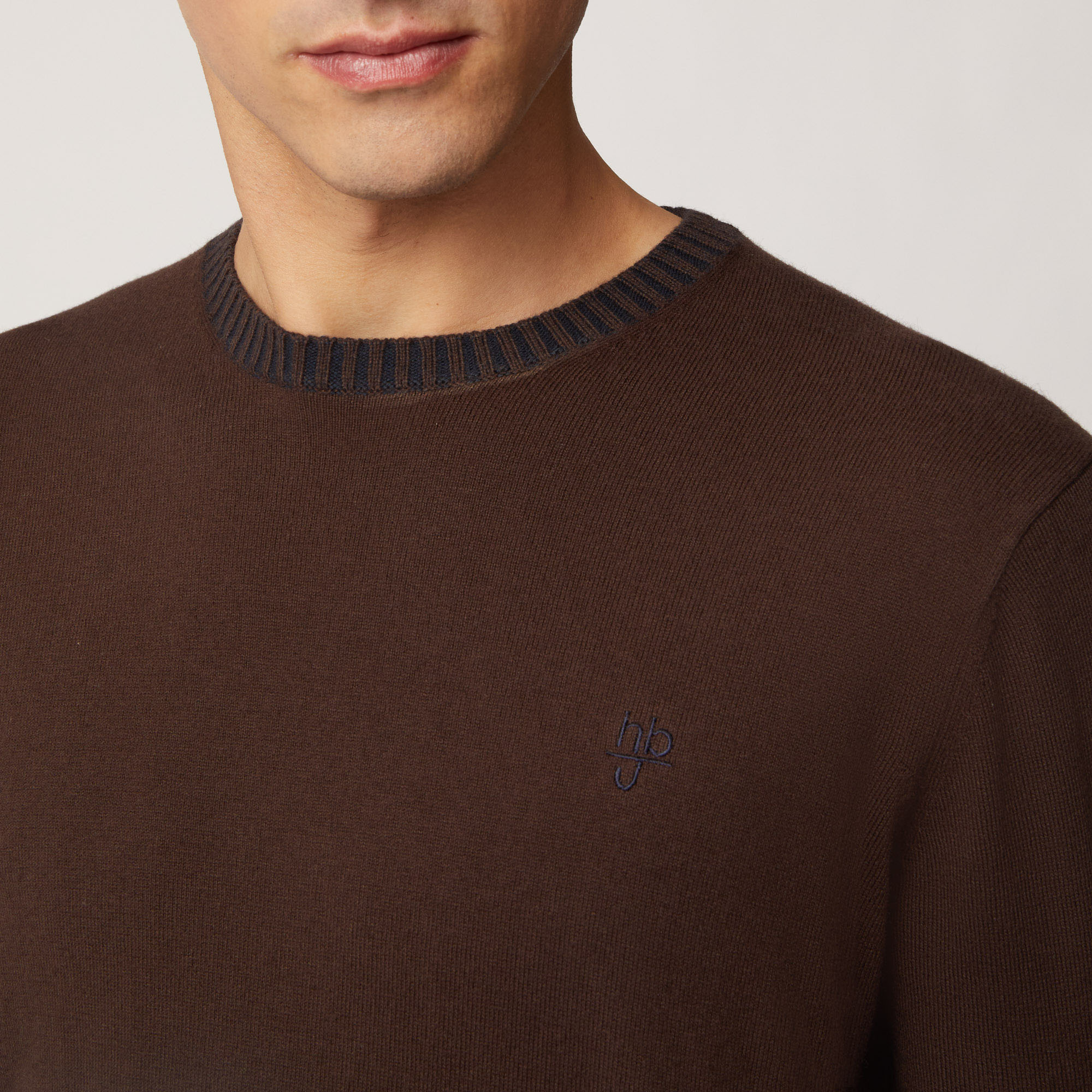 Pullover Girocollo In Cotone E Lana Con Dettagli A Costine, Marrone Scuro, large image number 2