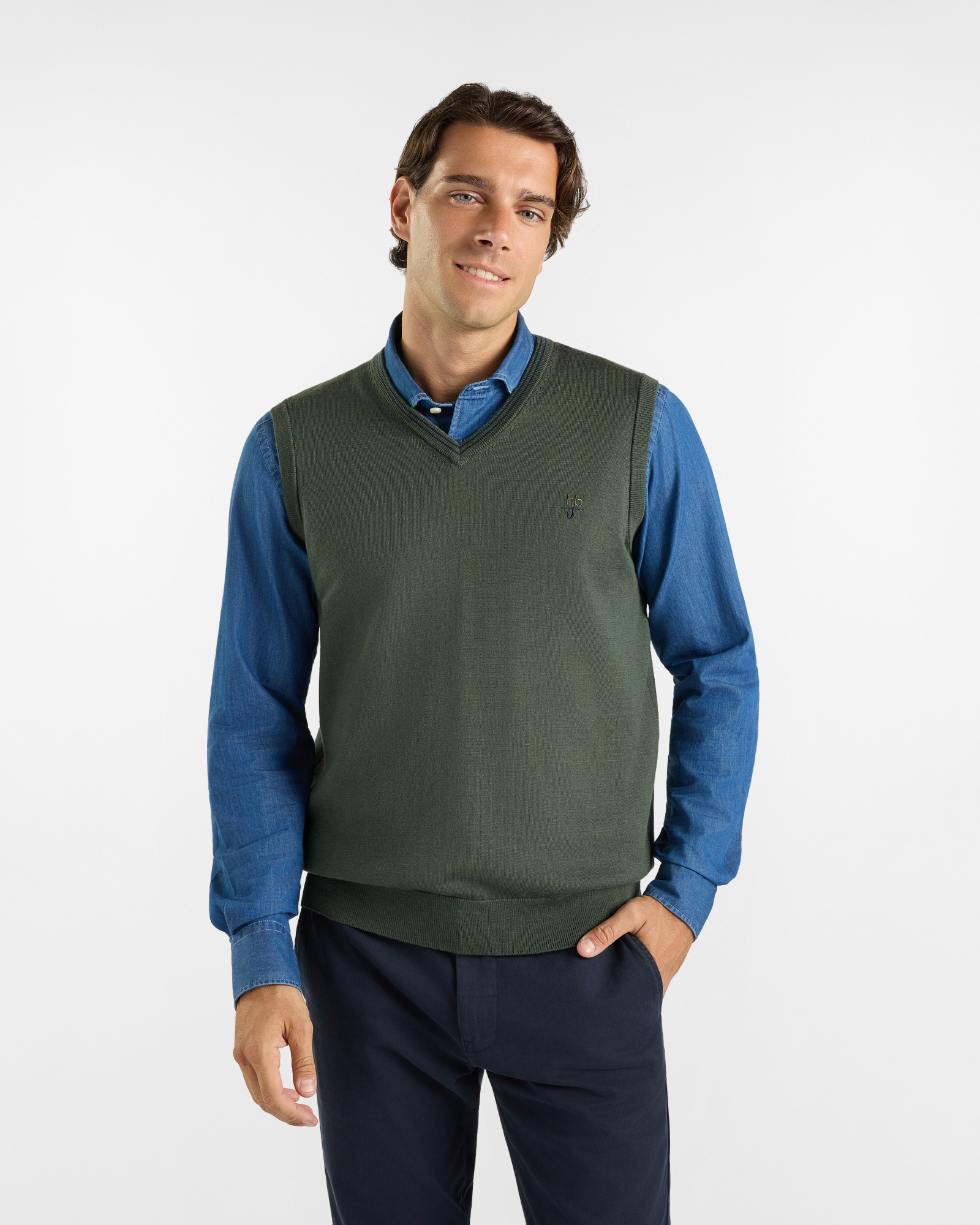 Gilet in maglia HBJ Uomo in pura lana, VERDE, large
