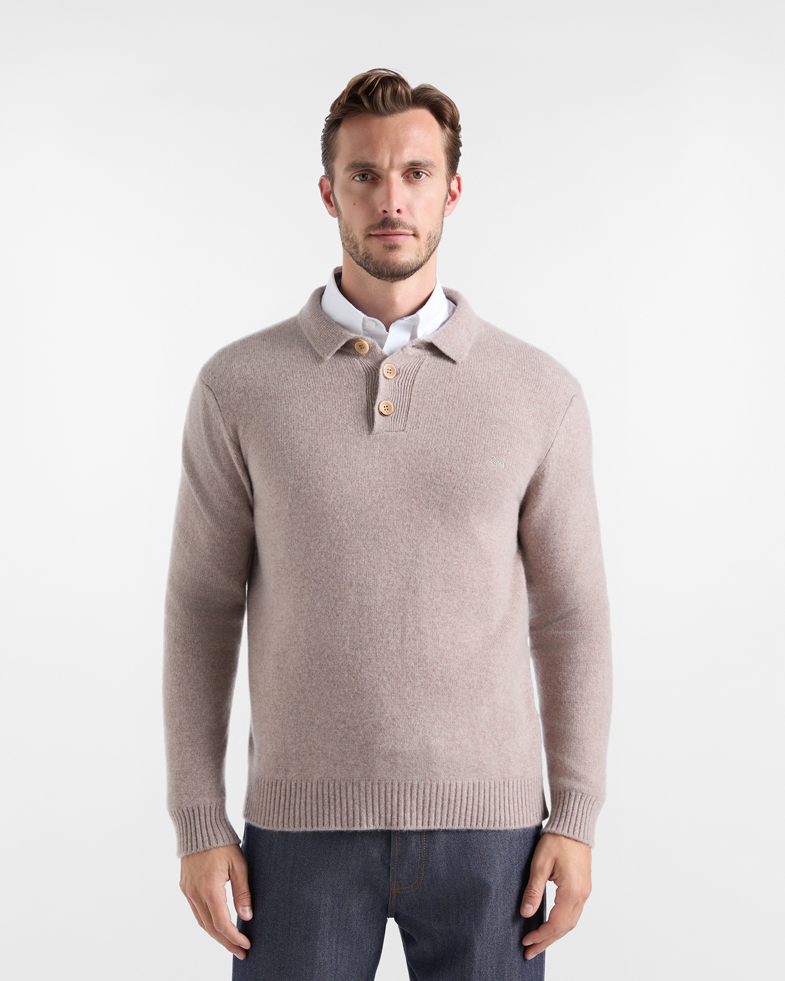 Maglia Uomo con colletto polo abbottonato in 100% puro cashmere beige Regular Fit Made in Italy