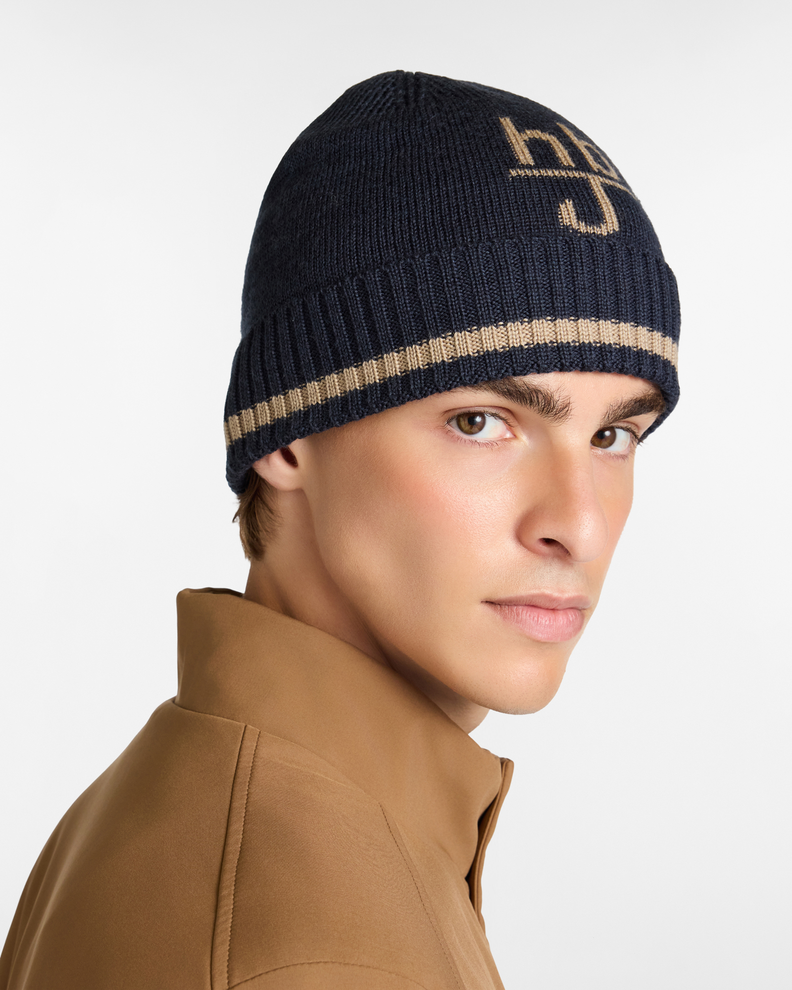 Cappello in Maglia con Logo e Bordo a Righe, Blu Scuro, large image number 1