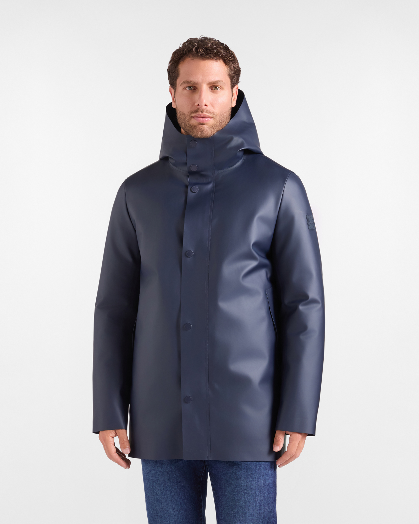 Men&rsquo;s navy blue coated fabric trench coat