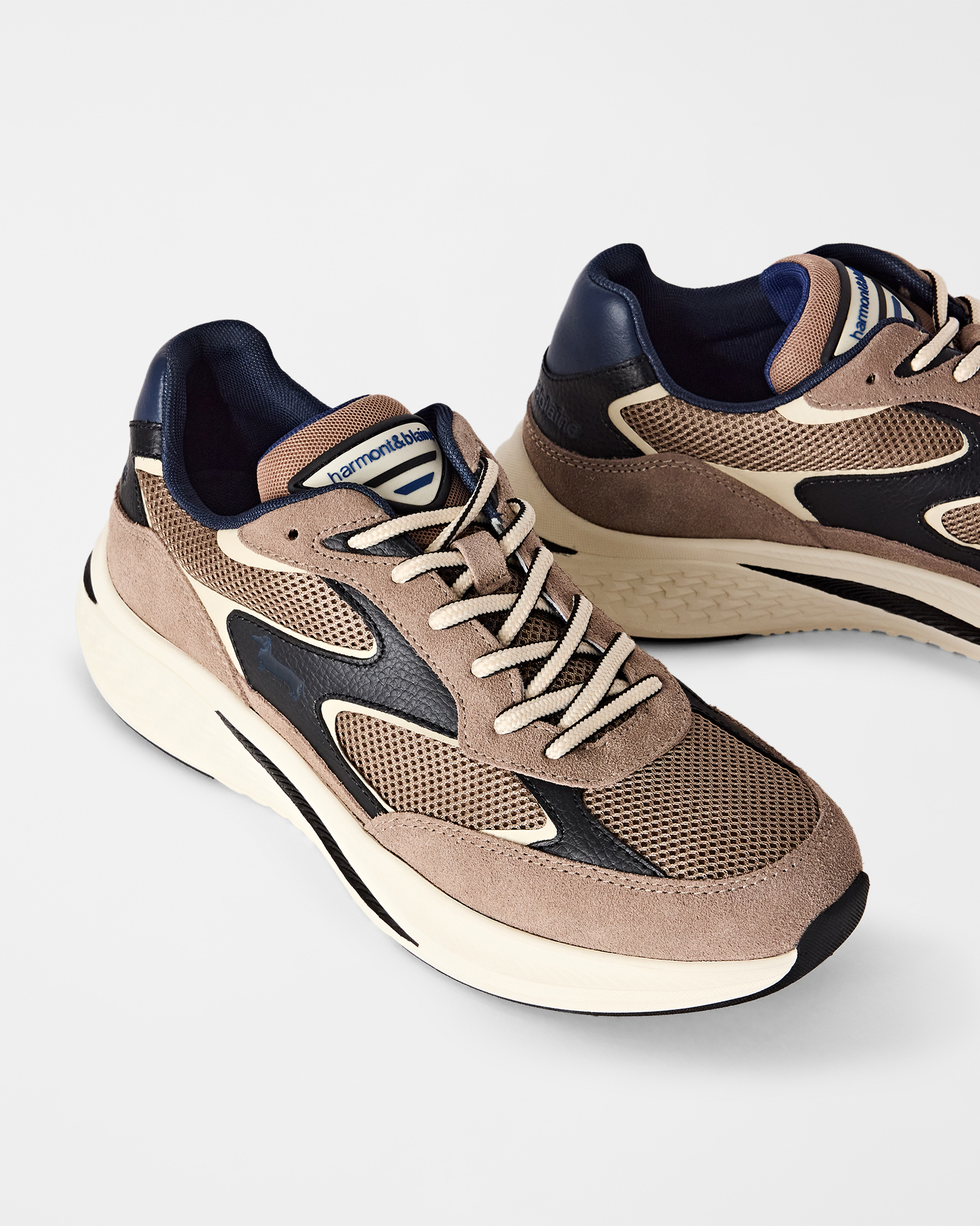 Men's suede and technical mesh sneakers, TAUPE, large image number 3