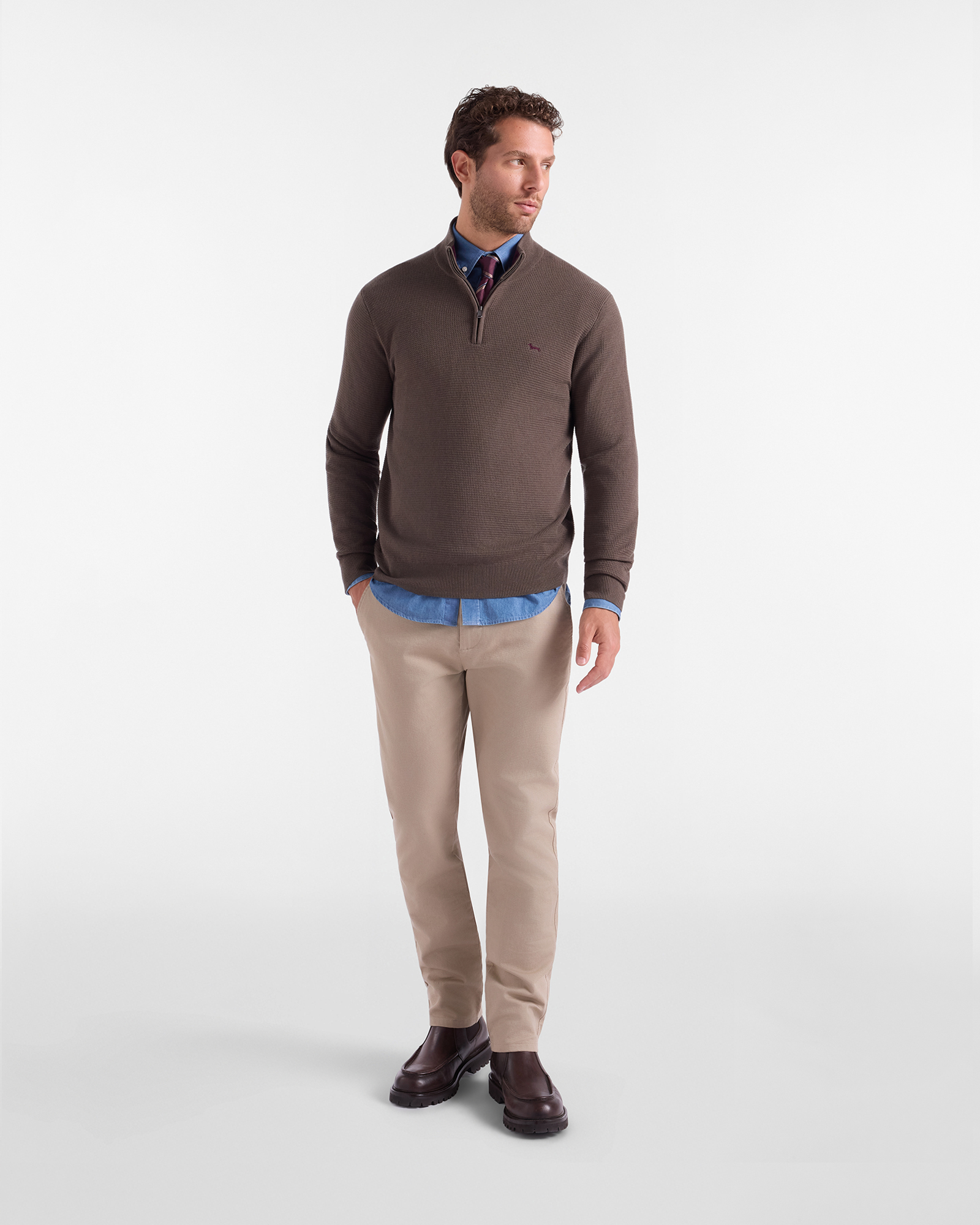 Maglia Uomo con collo alto half zip in misto lana e cotone Regular Fit, VERDE PETROLIO, large