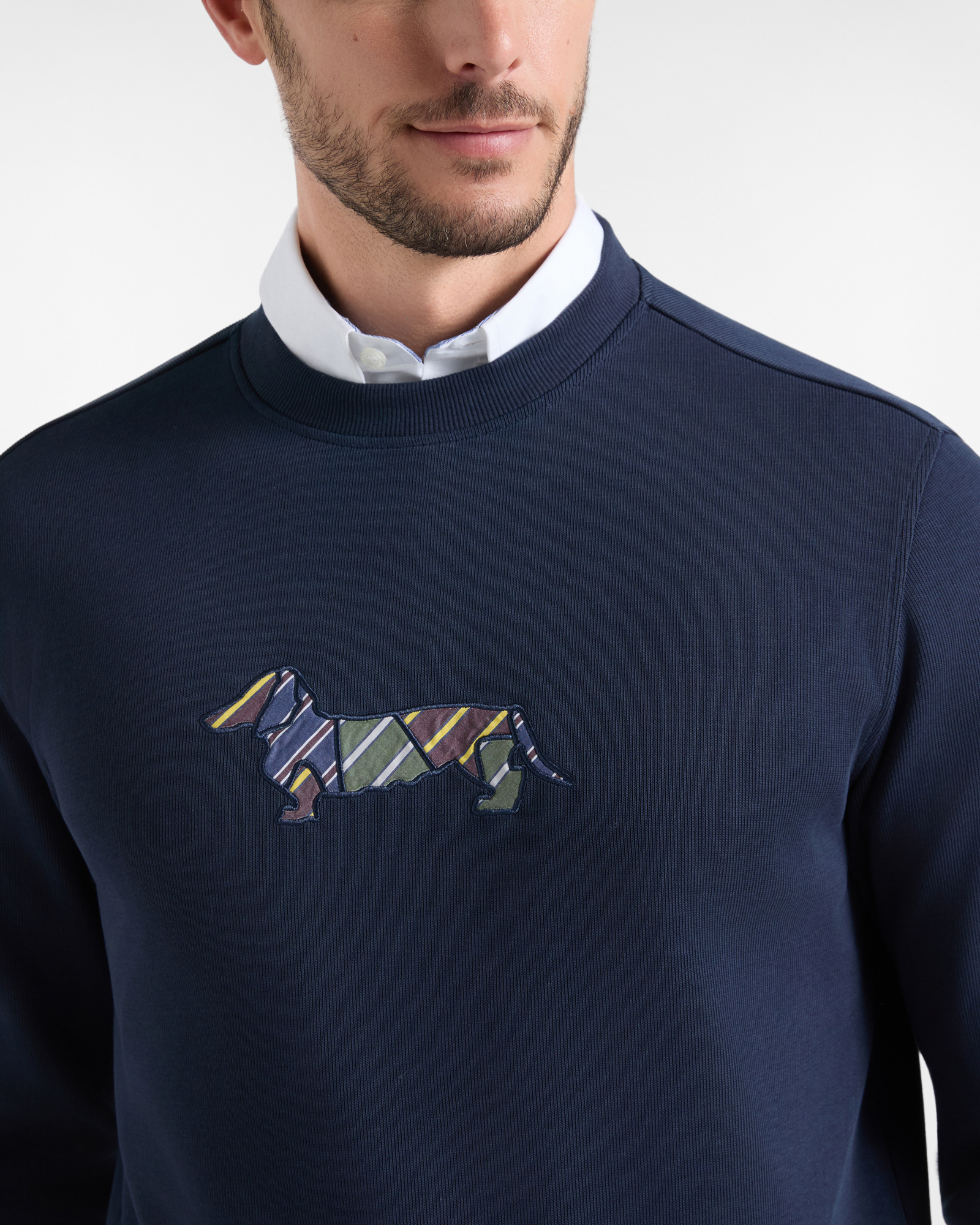 Men's blue ribbed cotton crewneck sweatshirt with regimental patch, NAVY BLUE, large image number 2