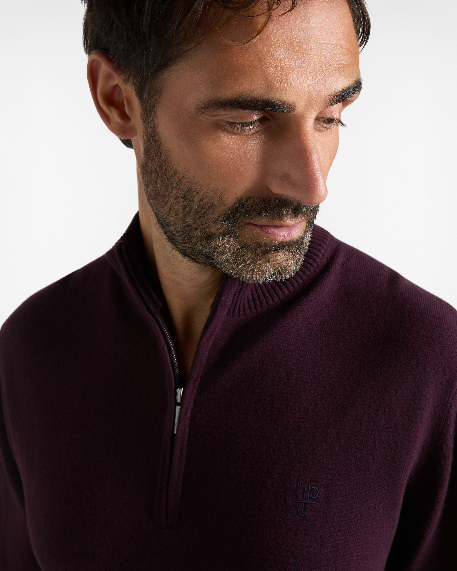 Maglia HBJ Uomo in Punto Cardato Half-Zip in Misto Lana e Cashmere, PRUGNA, large