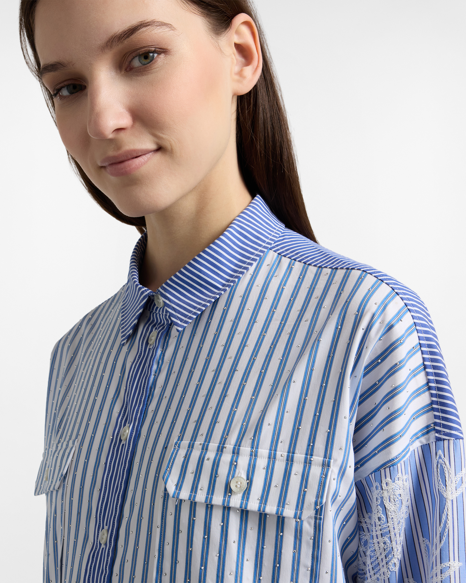 Women's oversized shirt with mixed striped fabrics